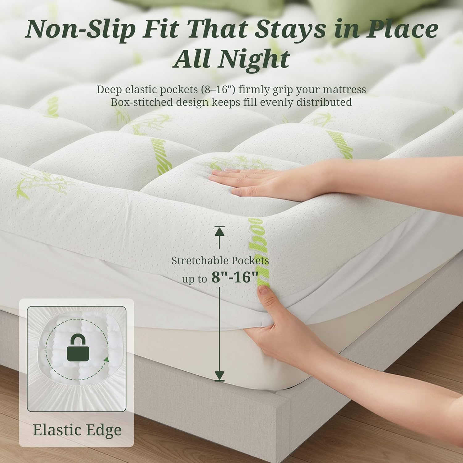 Mattress Topper Full Size - Ultra Soft Bamboo Mattress Pad for Back Pain Relief, Naturally Cooling Pillow Top Mattresses Pad Cover for Deep Sleep with Deep Pocket Green