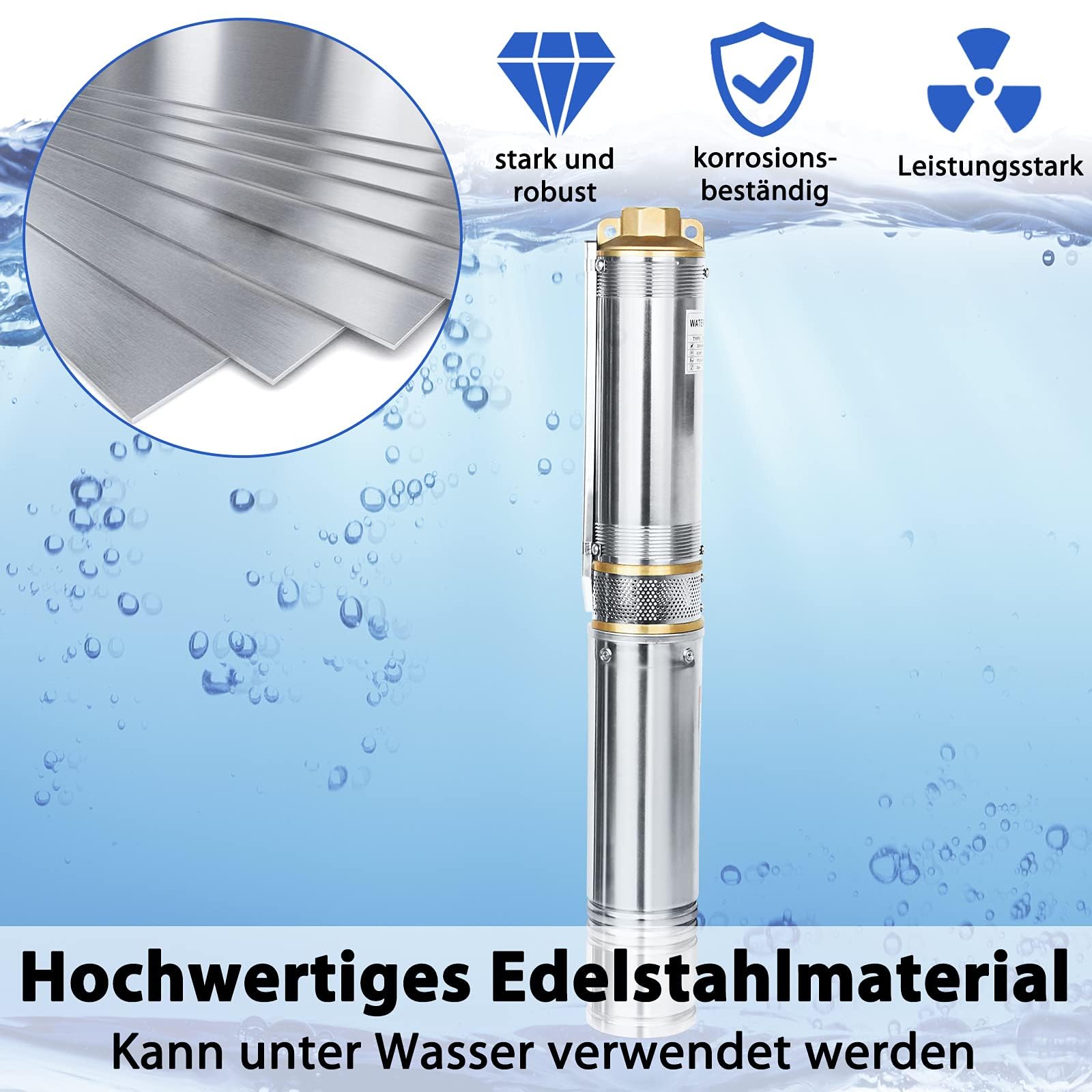 Froadp Bomba sumergible de acero inoxidable de 92 mm de diámetro, bomba de pozo, caudal de hasta 4000 l/h, compatible con arena, altura de extracción de hasta 81 m, con cable de conexión y caja de