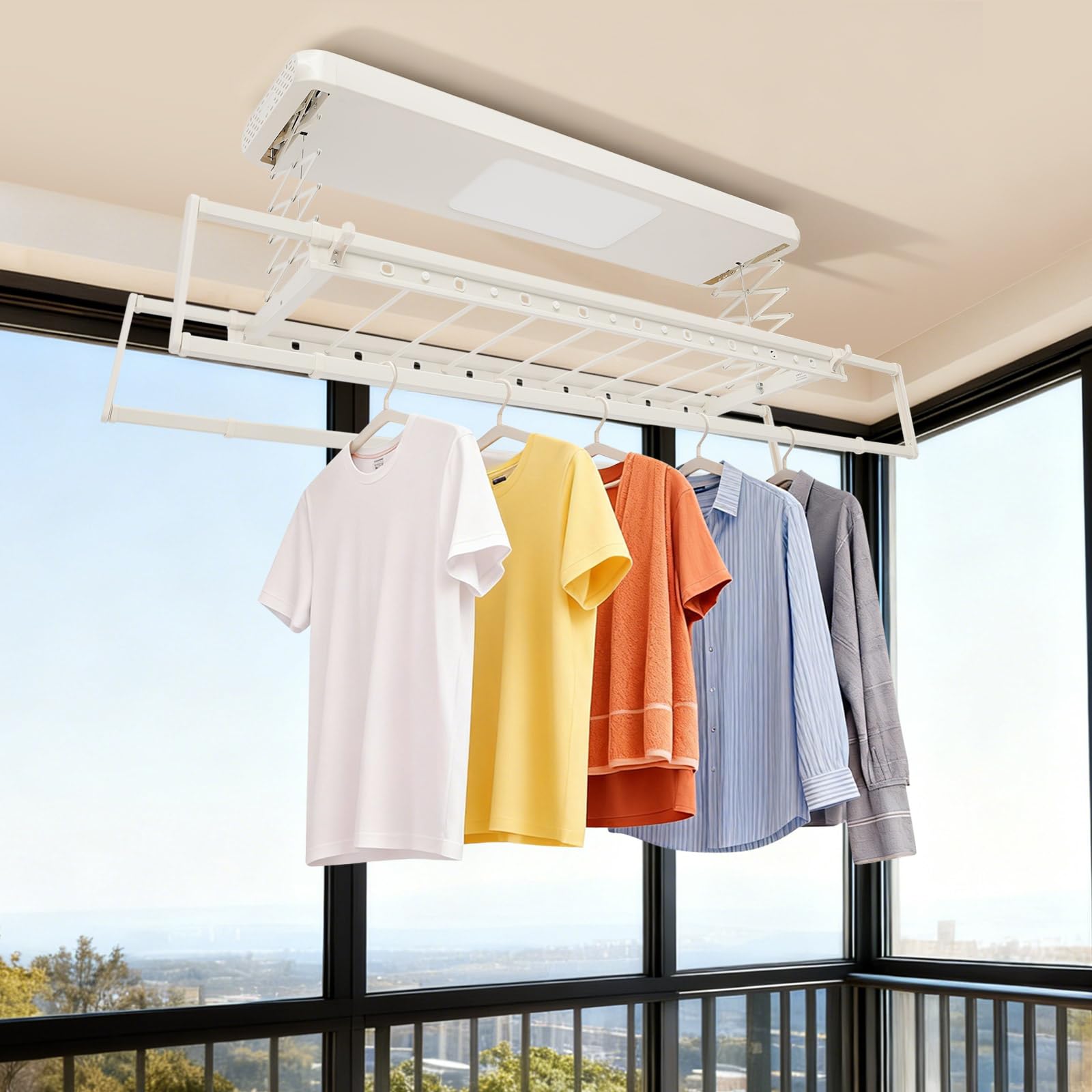 Stendibiancheria da soffitto allungabile con telecomando, asta appendiabiti regolabile 130-215 cm, illuminazione a LED, salvaspazio, per bagni, balconi, interni ed esterni