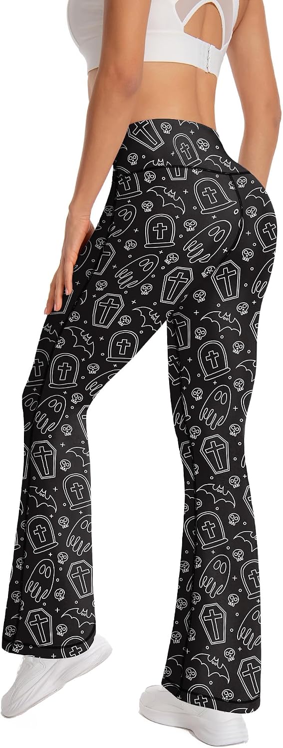 Women's Halloween Flare Leggings Skull Coffin Ghost Bell Bottom Yoga Pants