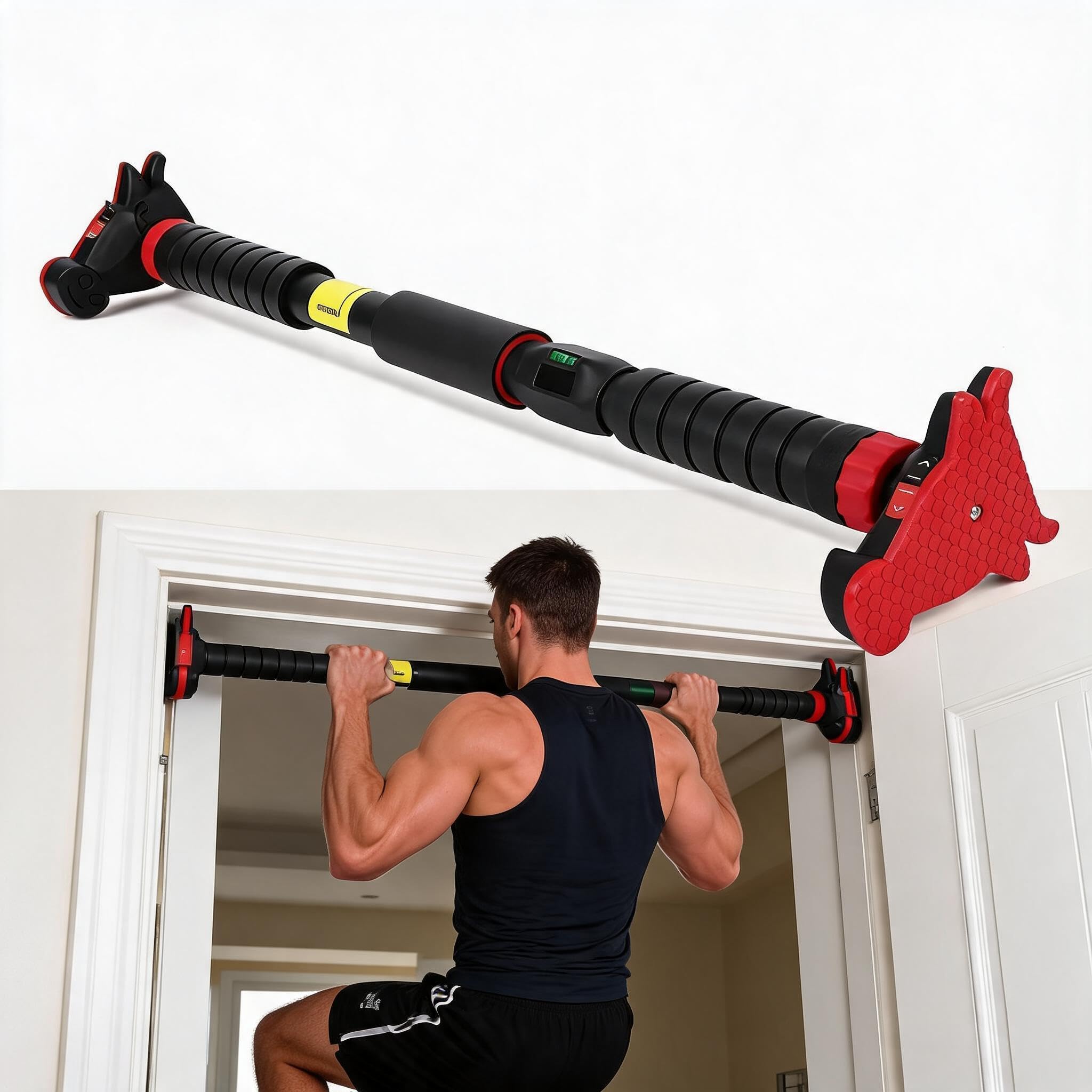 Garvee Pull Up Bar Doorway, Chin Up Bar with Level Meter & & Anti-Slip Design, NO Screws for Ultimate Door Frame Protection, 200KG Max Load Extra Wide Dip Workout Bars Adjustable Width From 68-106 cm