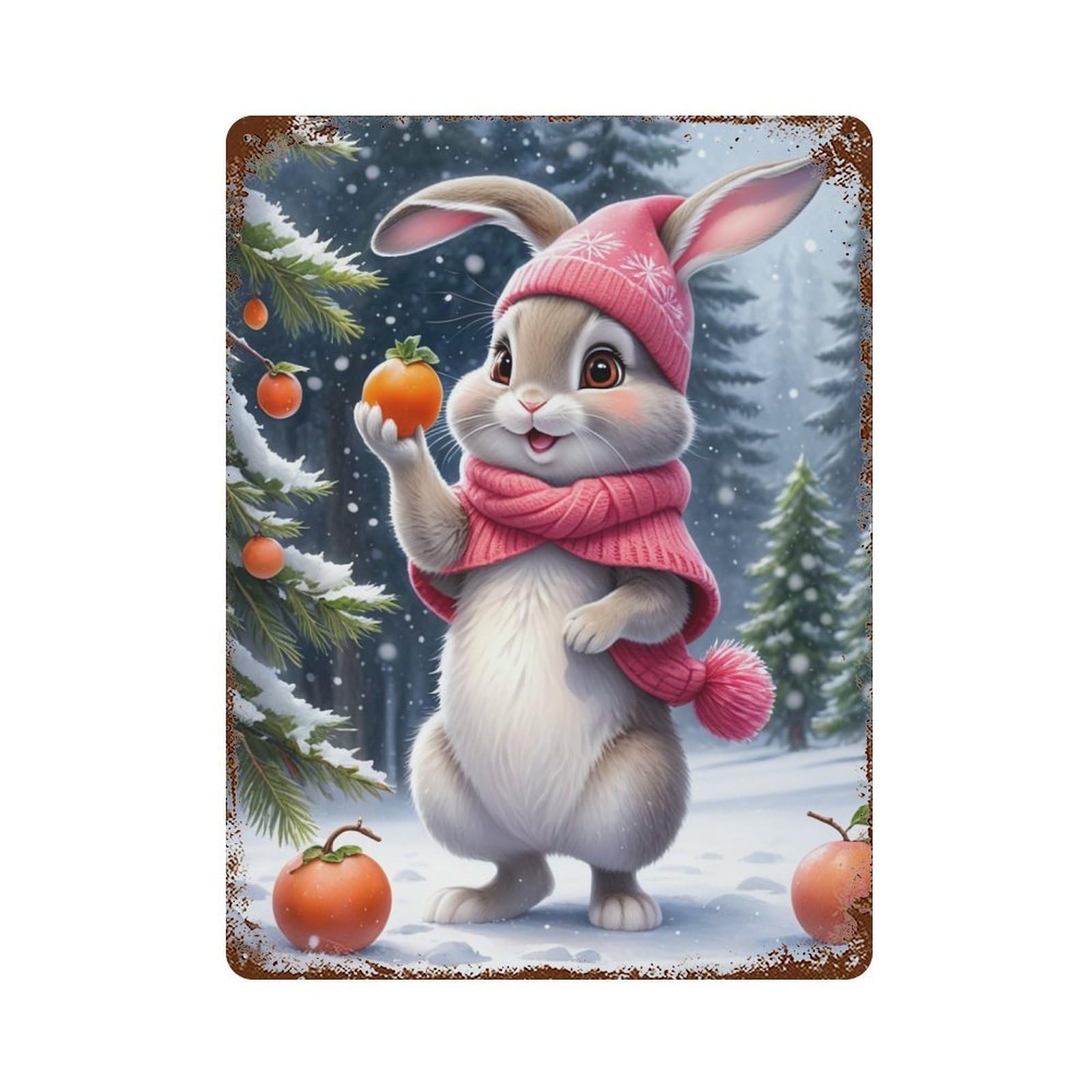 Winter Bunny with Persimmons 15.7"x11.8" Decorative Tin Sign, Retro Wall Decor for Bistro, Counter And Cafe Decor