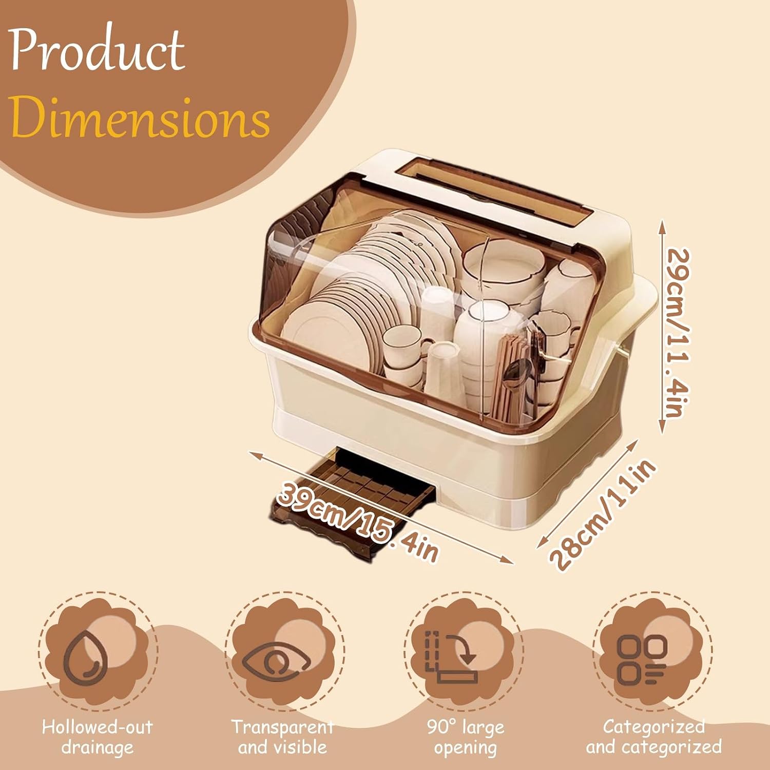 Countertop Dish Storage Cabinet, Over Sink Dish Drainer Drying Rack with Cover, for Plates,Bowls & Cutlery(Brown,15.4 * 11 * 11.4in)