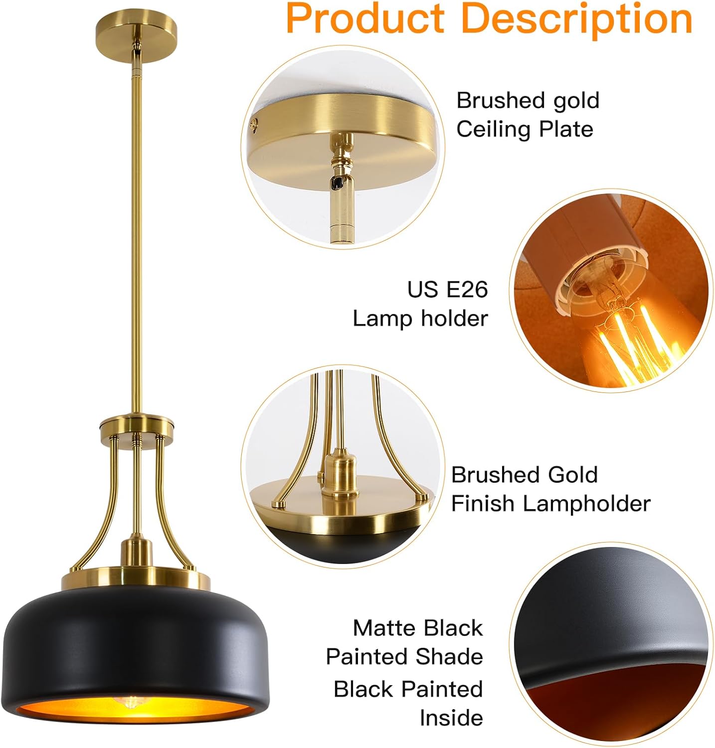 13.8 inch Nordic Industrial Style Black Gold Pendant Light with Adjustable Height for Kitchen Island/Dining/Living Room Retro Lighting fixtures