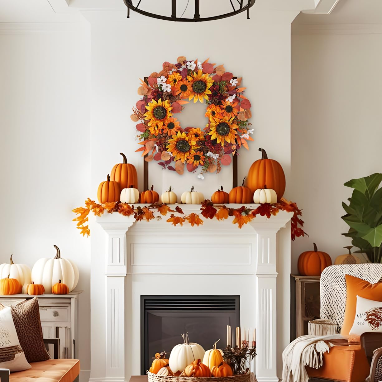 Künstlicher Herbstkranz 61 cm mit Sonnenblumen & Dahlien – Türkranz mit Eukalyptusblättern, Beeren & Zapfen – Handgemachte Herbstdeko für Tür, Wand & Innenraum