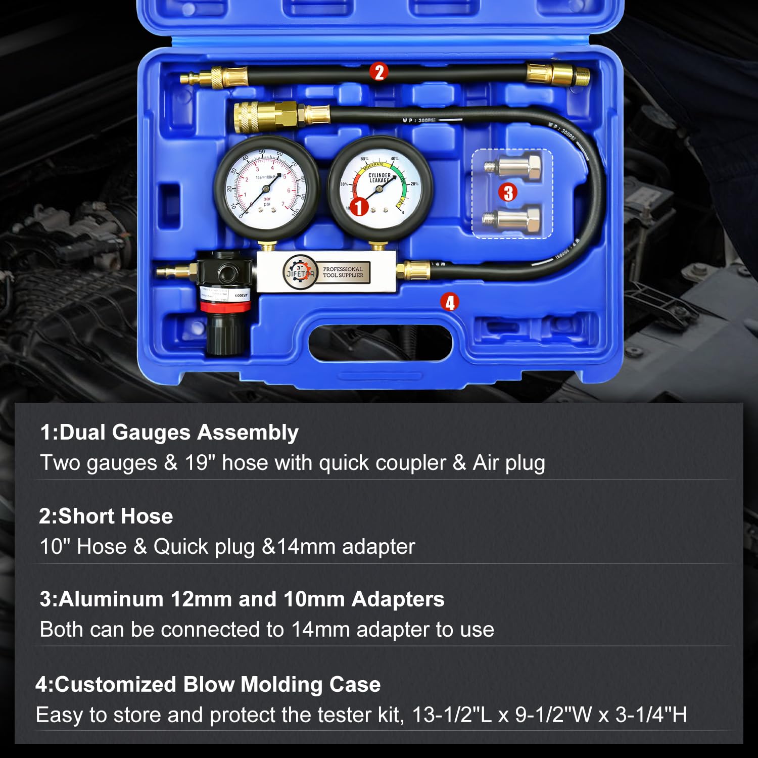 JIFETOR Cylinder Leak Down Tester Kit, Professional Dual Pressure Gauges Engine Compression Leakdown Detector Leakage Test Set for Gasoline Engine with 10 12 14mm Spark Plugs on Car Truck Motorcycle
