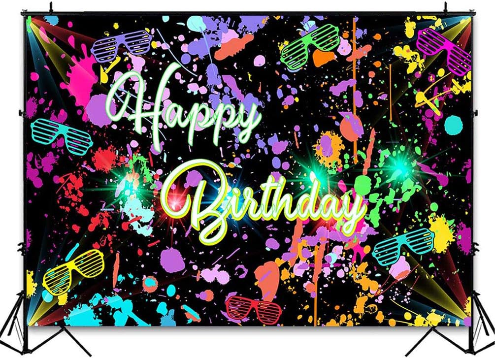 Avezano Neon Birthday Party Backdrop 7x5ft Glow in The Dark Graffiti Splatter Happy Birthday Party Banner Photography Background Let’s Glow Dance Birthday Decoration Photo Booth Backdrop