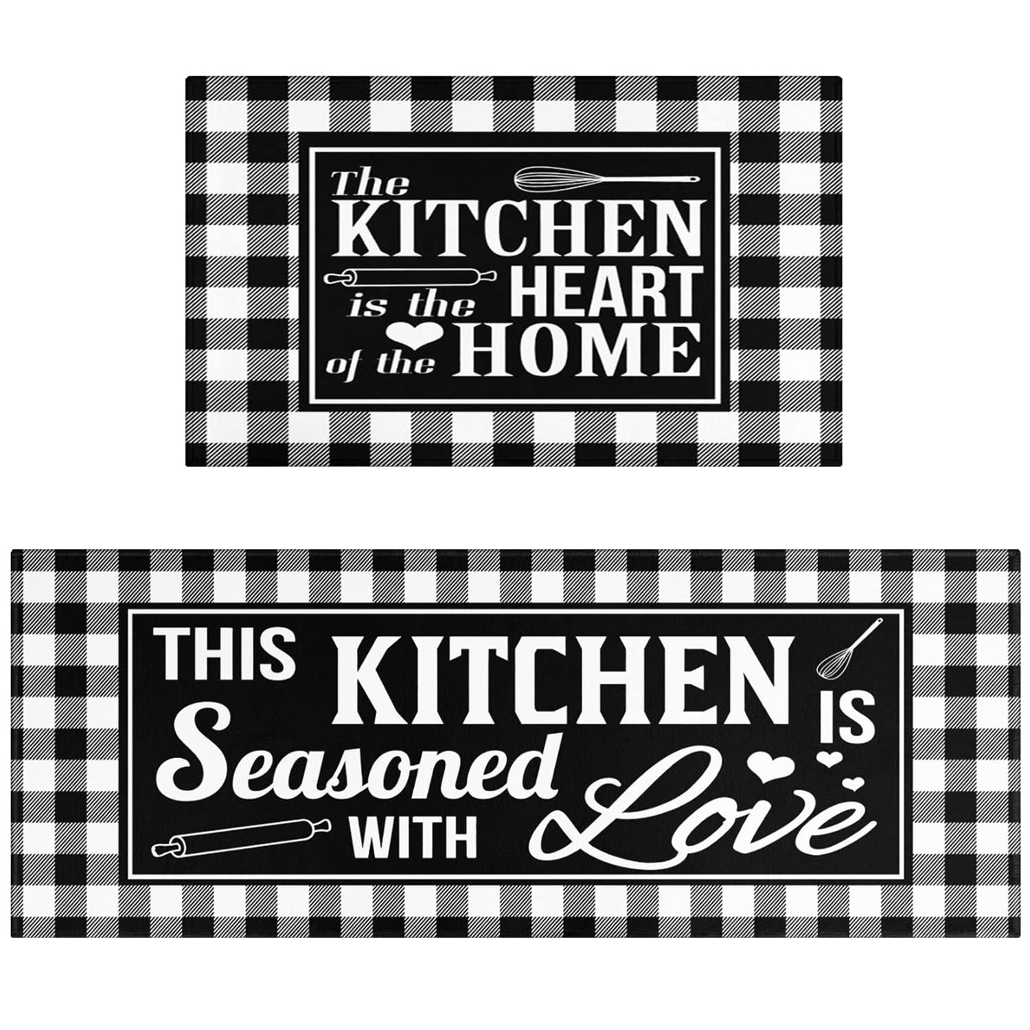 Ideasonna Black and White Buffalo Plaid Check Farmhouse Kitchen Rugs Sets of 2 Decor Non-Slip Washable Kitchen Mats for Floor 2 Piece