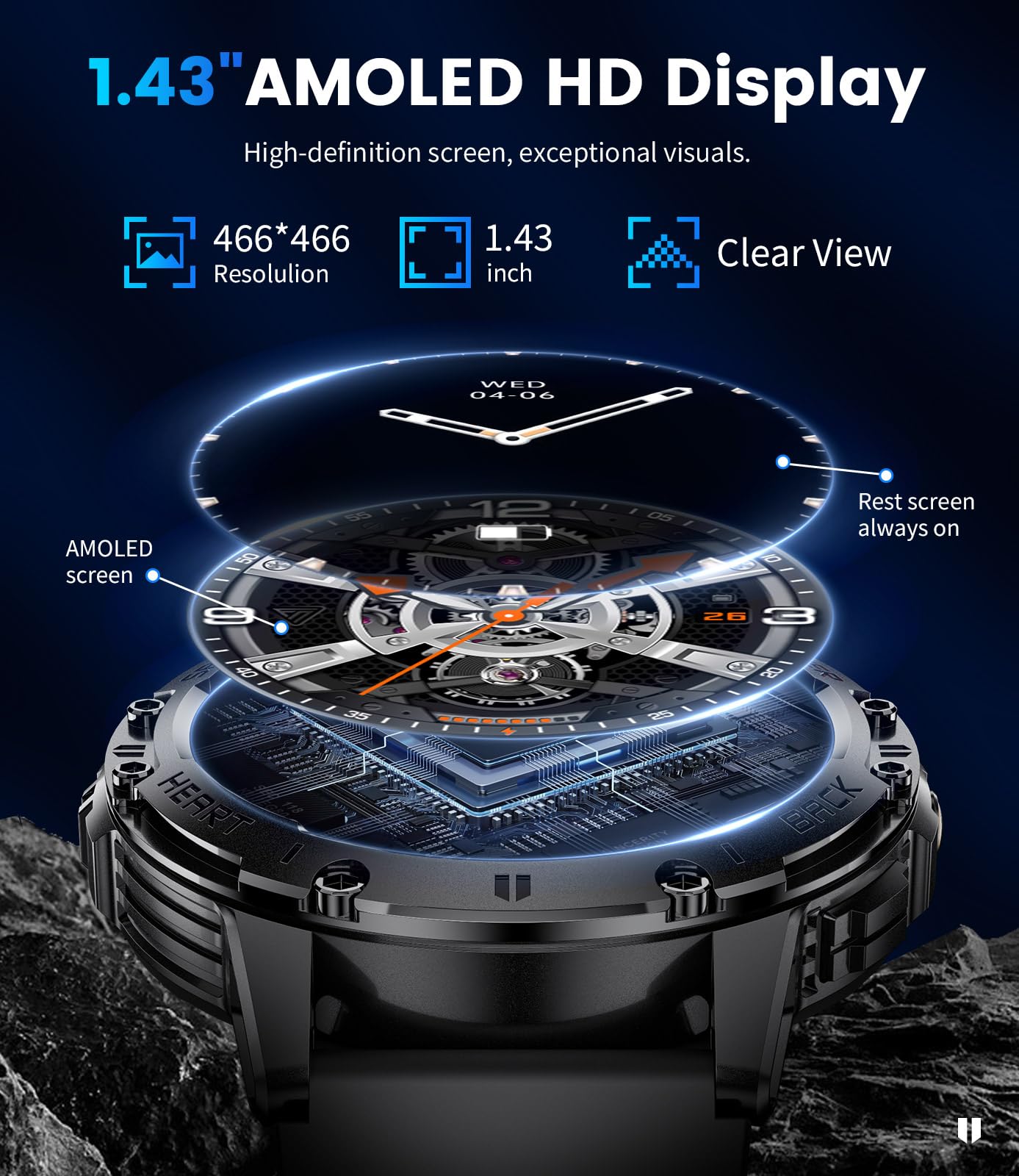 DREMAC Smartwatch Uomo con Torcia, Effettua/Risposta Chiamate e Assistente Vocale, 1,43" AMOLED Smartwatch Militare, SpO2/Cardiofrequenzimetro/5ATM Impermeabile, 530mAh Smartwatch per Android iOS