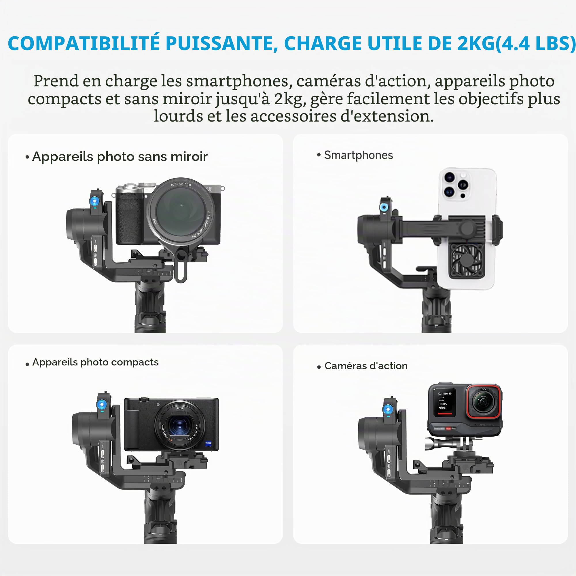 FeiyuTech SCORP Mini 3 Pro-3 Axis Stabilisateur de cardan tout en un, suivi IA 4.0 intégré, poignée détachée, charge utile de 2 kg, contrôle gestuel, port d'extension 6,35 mm, pour appareil photo et
