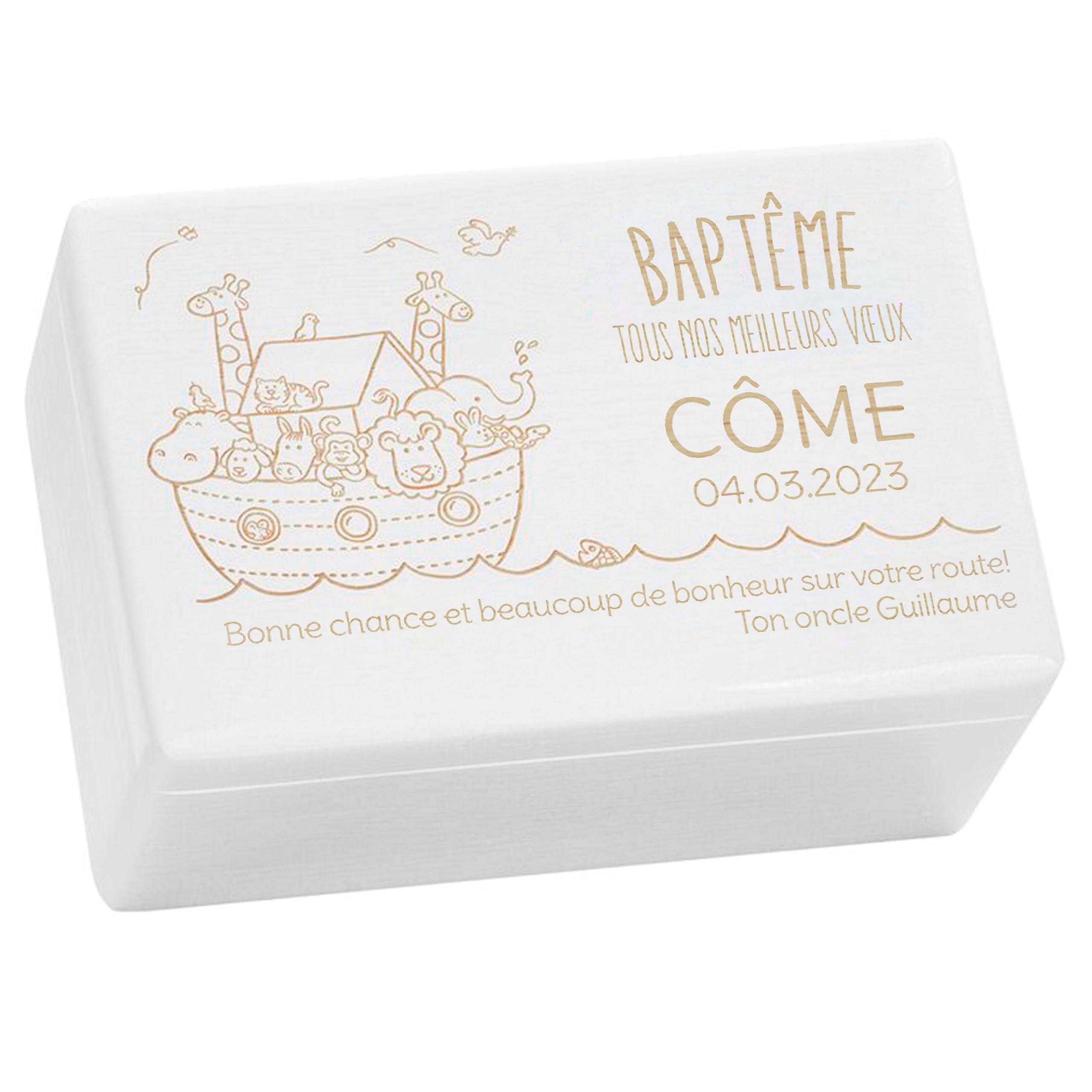 LAUBLUST Boîte à souvenir bébé - L'Arche de Noé - Cadeau naissance personnalisable | Taille M, env. 30x20x14cm, Blanc - Boîte décorative en bois avec couvercle, FSC®