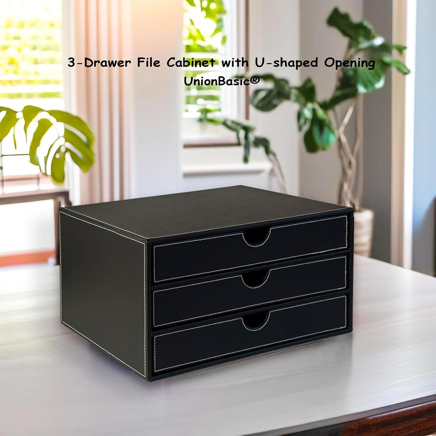 UnionBasic Document Organizer, 3-Drawer File Cabinet Document Storage Box, Office Desktop Filing Organizer, Black with White Stitching