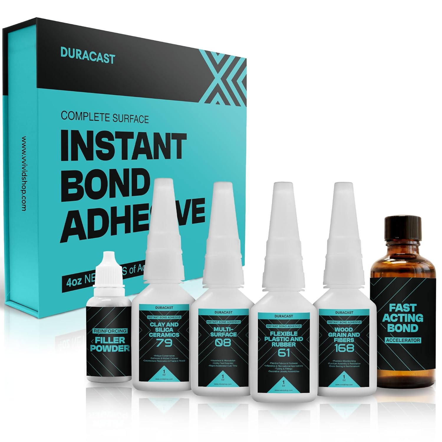 VViViD DURACAST Instant Bond Adhesive 4 x 1oz Glue Set, Complete Surface kit, Flexible Plastic, Wood Grain, Rubber, Clay & Silica Ceramics, Comes with Accelerator and Filler.