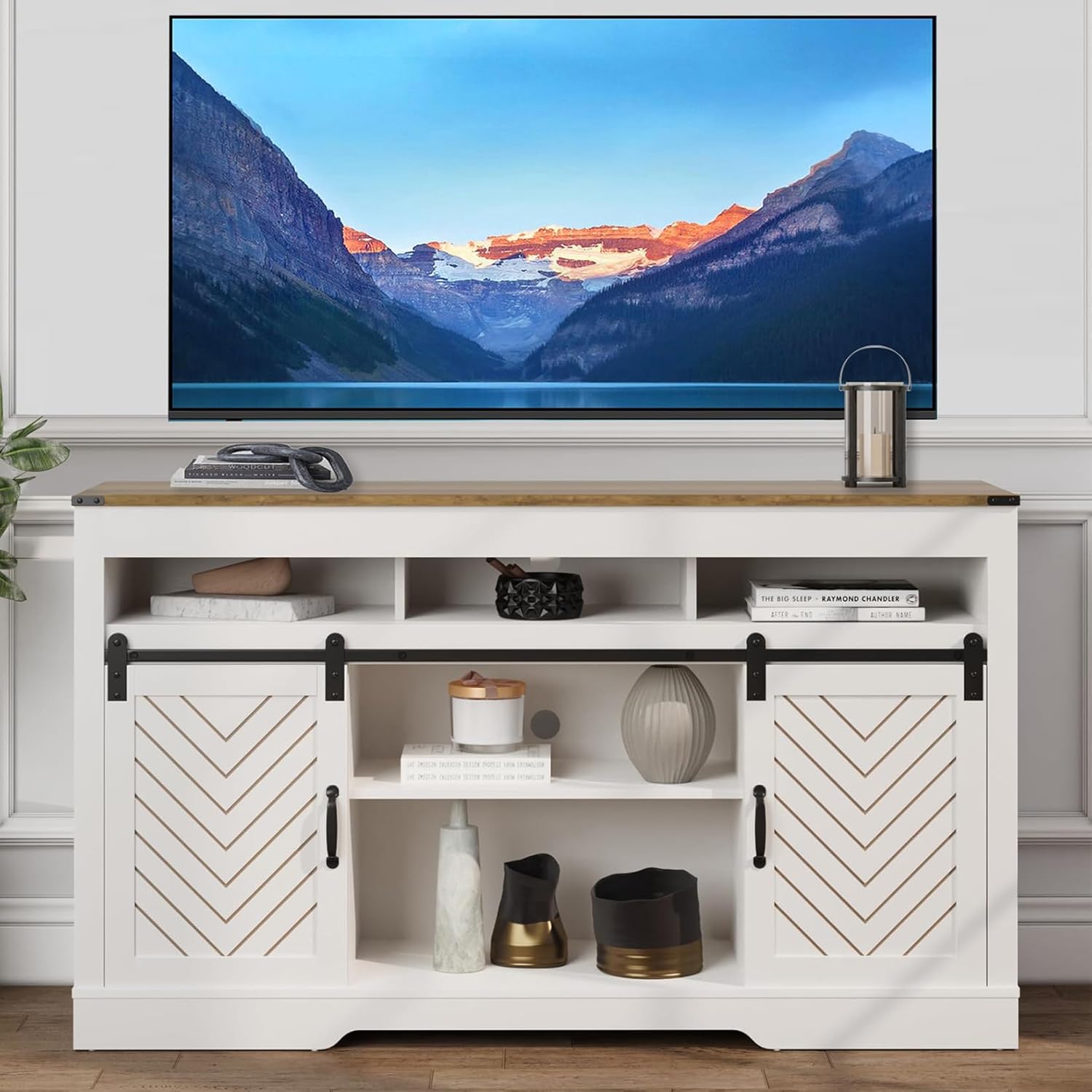 HEYNEMO Modern Farmhouse TV Stand for Televisions up to 65 Inch with Two Sliding Barn Doors and Storage Cabinets, Entertainment Center Console Table with Adjustable Shelves for Living Room Bedroom