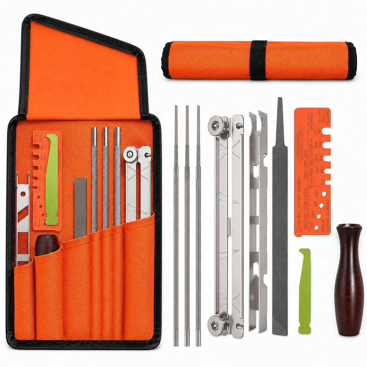 Professional 10-Piece Chainsaw Sharpening Kit (afilador de motosierra) – 5/32”,3/16”,7/32” round files, file guide jig, depth gauge & portable pouch for accurate saw chain sharpening
