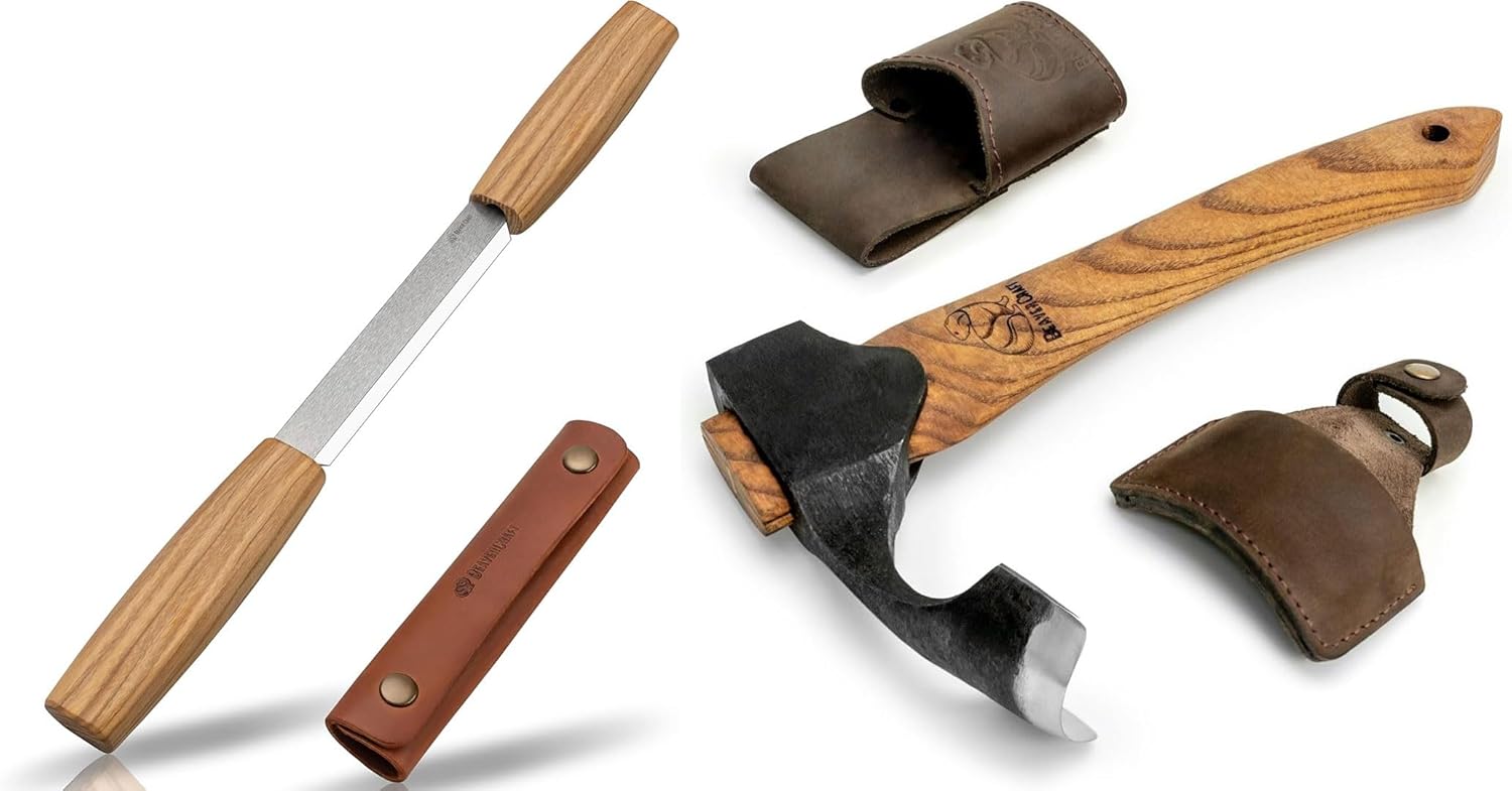 BeaverCraft Draw Knife Wood Carving Tools 10.6cm Drawknife with Leather Sheath DK2s & Forged Adze Axe with Wooden Handle for Spoon Carving