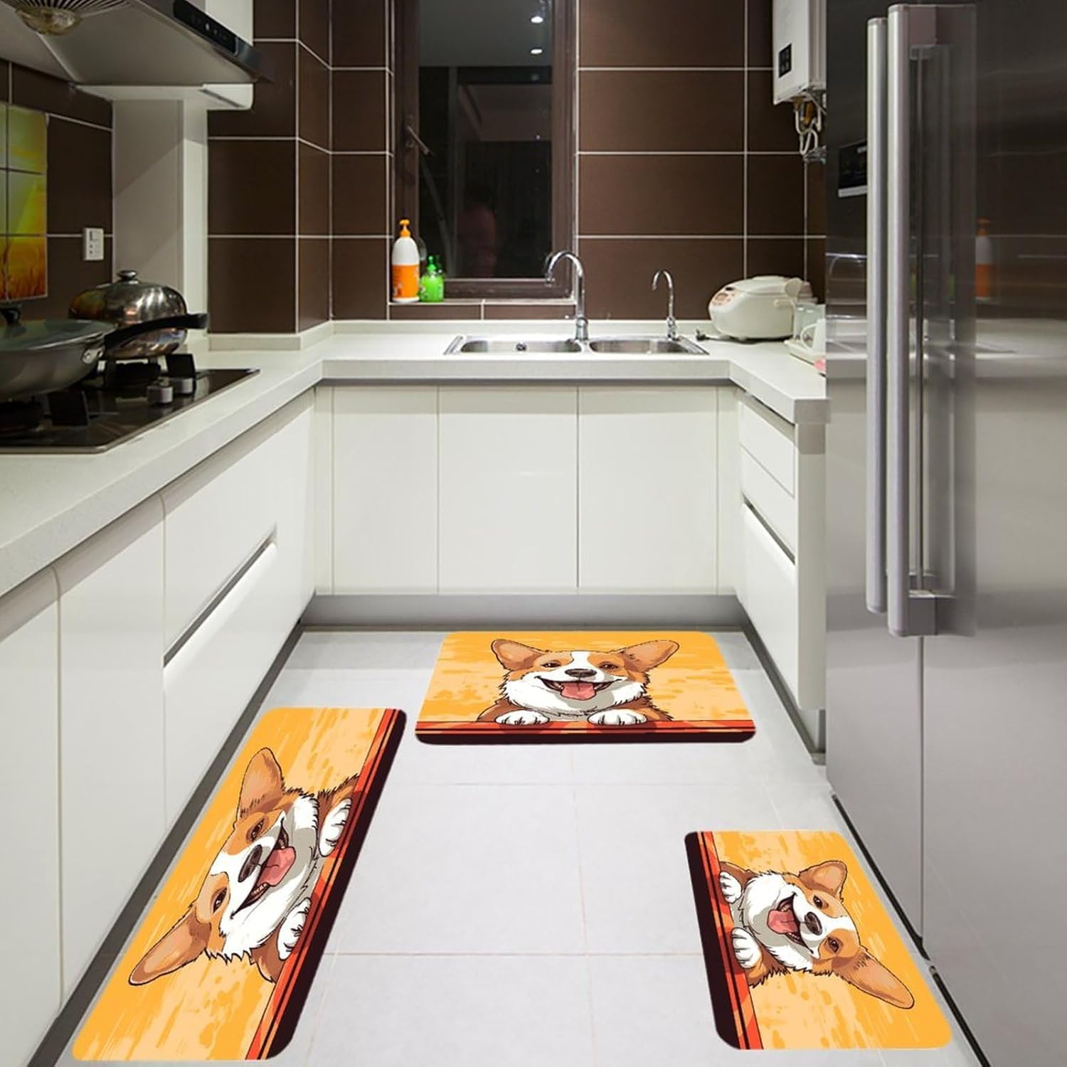 Cute Corgi Dog Kitchen Rugs Sets of 3 Washable Non Slip Kitchen Rug Water Resistant Carpet Piece Anti Fatigue Kitchen Mats Soft Comfort Standing Mat Modern Area Rug