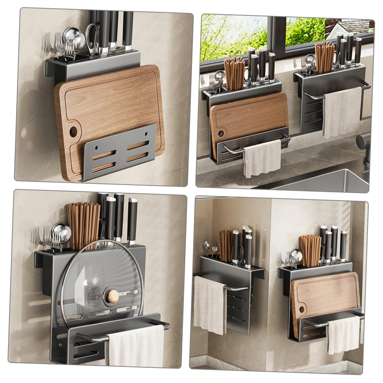 Cabilock Porte-Couverts Mural Multifonction A8 en Acier au Carbone Gris | Égouttage Intégré, Résistant à Rouille Rayures, pour Baguettes, Fourchettes, la Cuisine Domestique