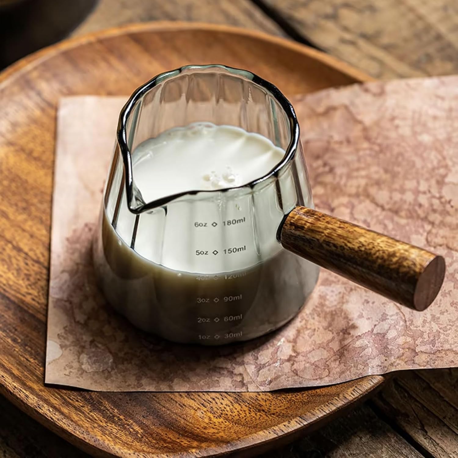 6 Oz Grey Glass Measuring Cups With Spout, Espresso Glass Cups With Wood Handle, Milk Frothing Cup Espresso Cup For Coffee Milk Tea Or Maple Syrup Serving
