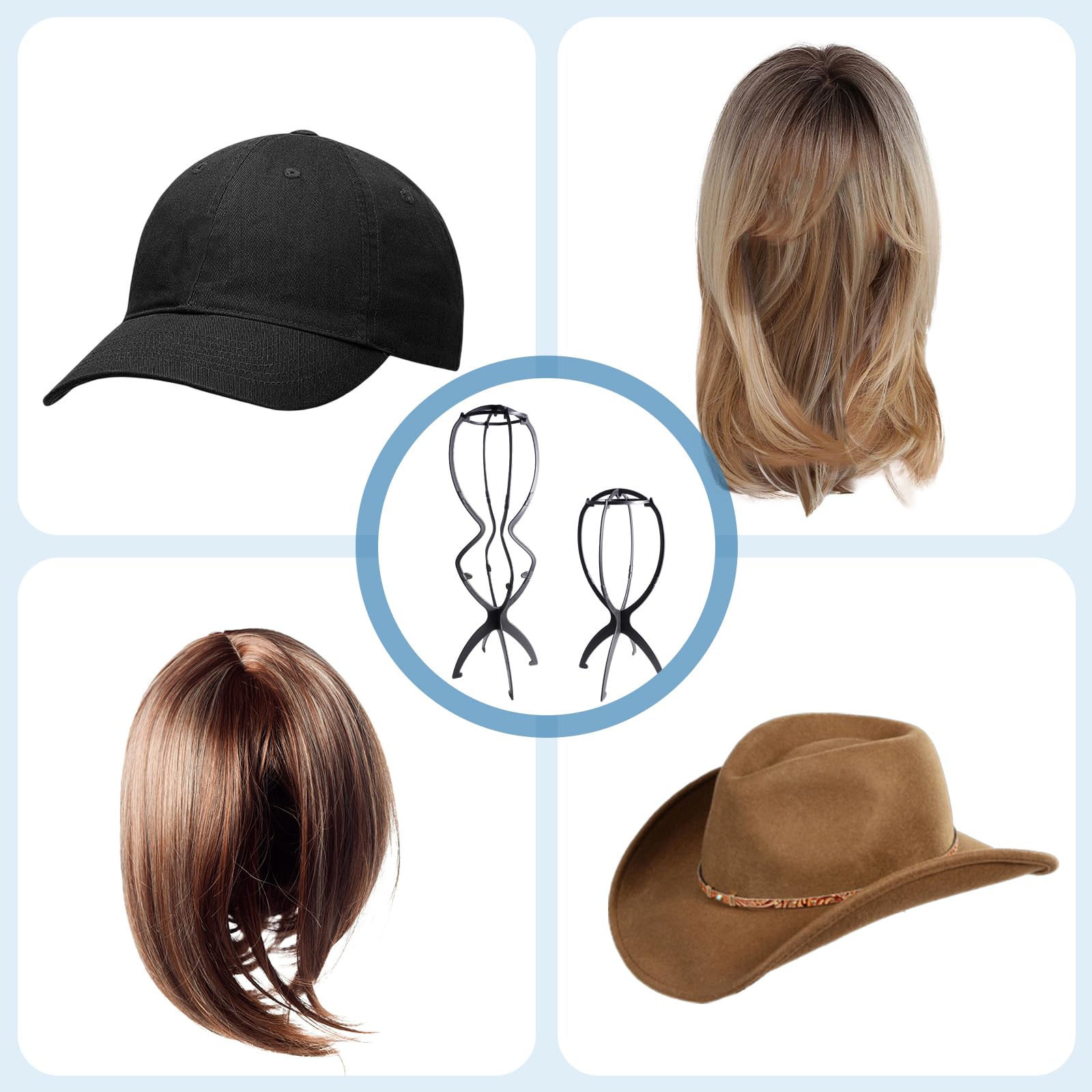 2 Piezas 50cm Soportes para Pelucas de Plástico para Exhibir y Airear Pelucas, Soporte de Peluca Portátil Plegable, Altura Ajustable de 35 a 50 cm, para Cabello Largo, Sombreros y Gorros (Negro) — view 7
