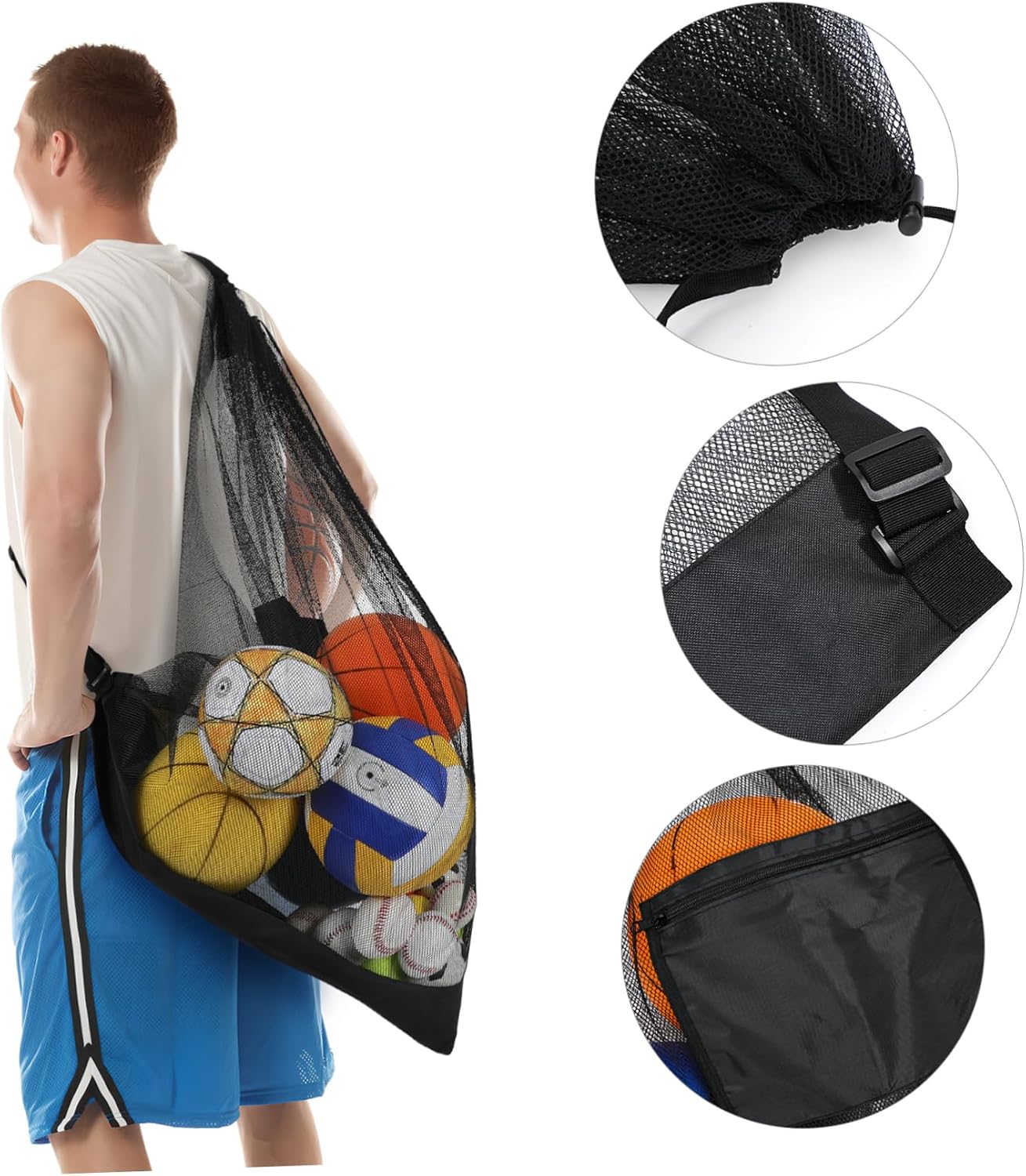 Mesh Sports Bag Drawstring Closure Net Bag for Soccer Basketball Volleyball Includes Zippered Pocket for Cards Easy to Carry Shoulder Strap for Sports Equipment Storage