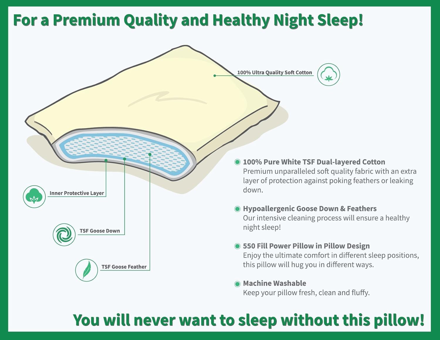 Firm Down and Feather Pillow | for Best Head/Neck Support, w/ 100% Dual-Layered Cotton (Includes 4 Pillows, Size: Standard)