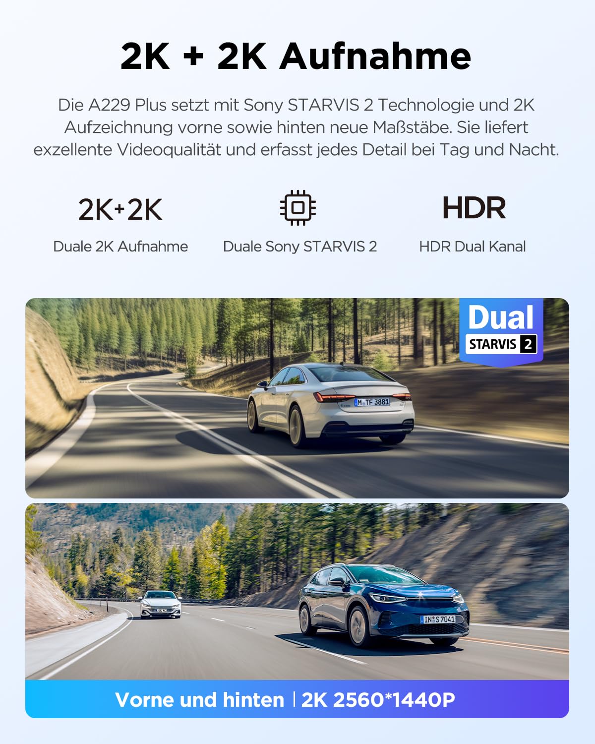 VIOFO A229 Plus 2K + 2K Dual STARVIS 2 HDR Dashcam Auto, Sprachsteuerung & 5GHz Wi-Fi, GPS, Super Nachtsicht 2.0, 2,4" LCD, 512 GB Max
