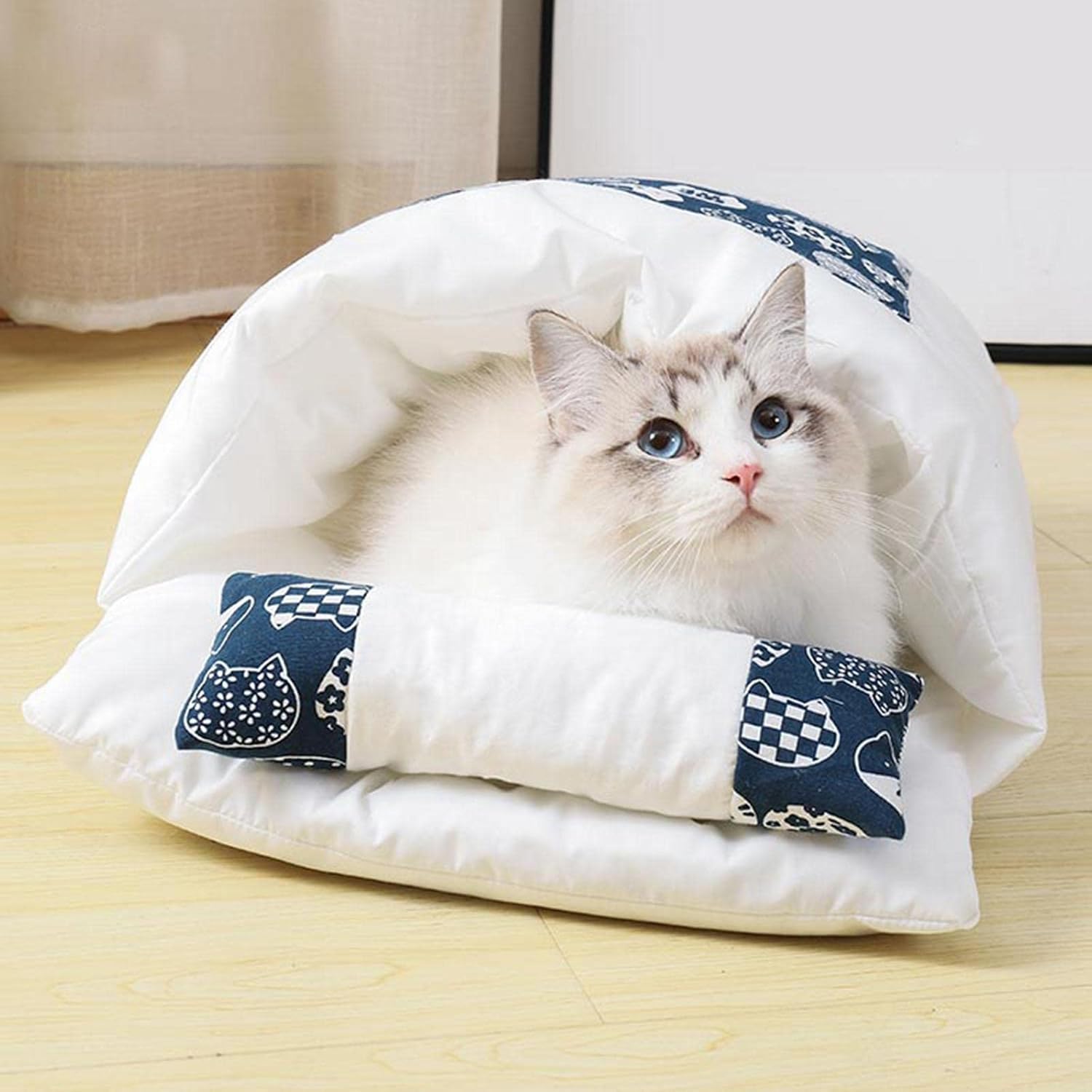 Warming Bed Mat Soft Warm Semi-Closed Pet Cave Sleeping Bag Washable Pad Hideaway for Cats & Small Dog Sleeping Bag Bed with Pillow for Indoor Cats Warming Outside Large Warming