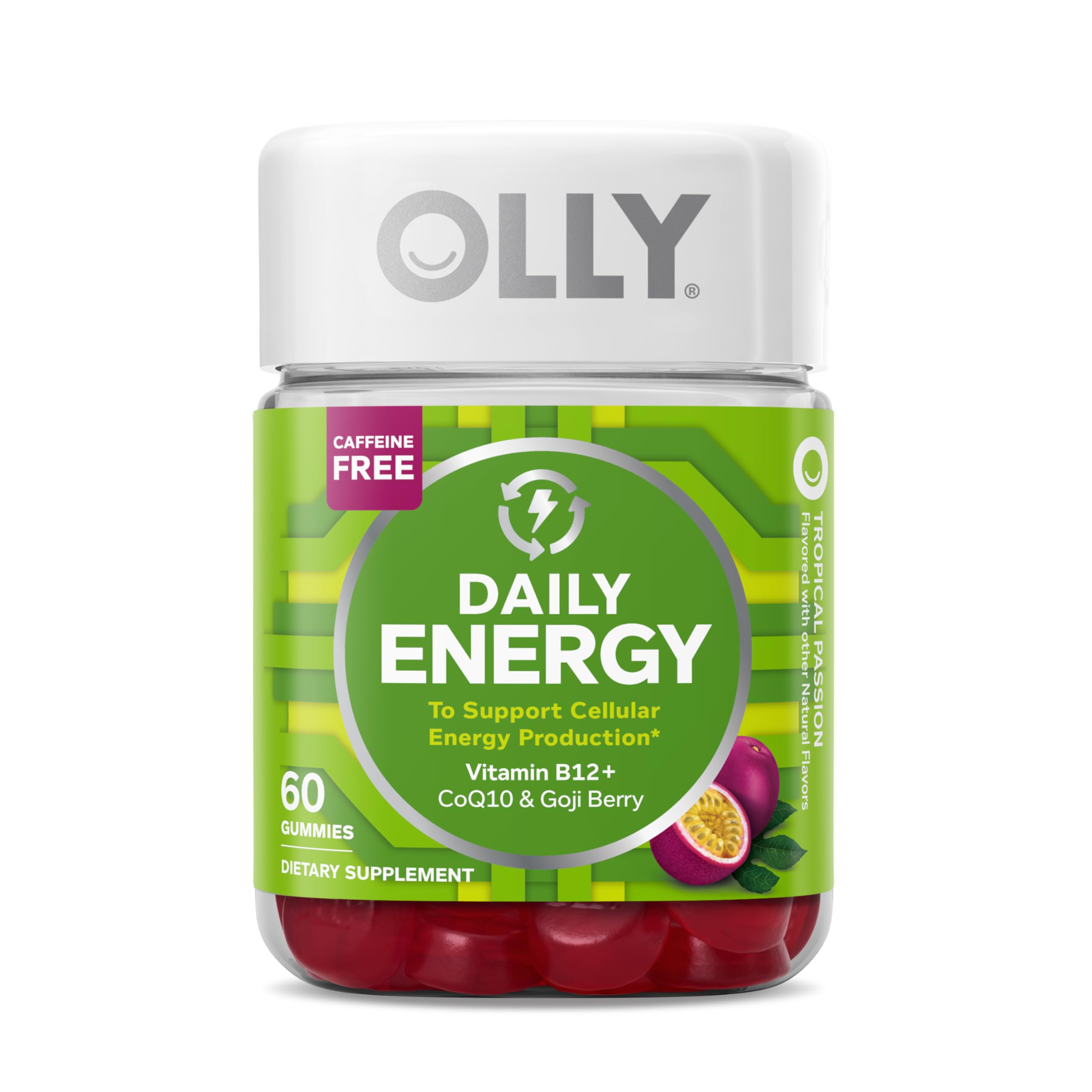 Olly Daily Energy Gummy, 30 Day Supply (60 Gummies), Tropical Passion, Vitamin B12, CoQ10, Goji Berry, Caffeine Free, Chewable Supplement,Daily Energy, 60 Count