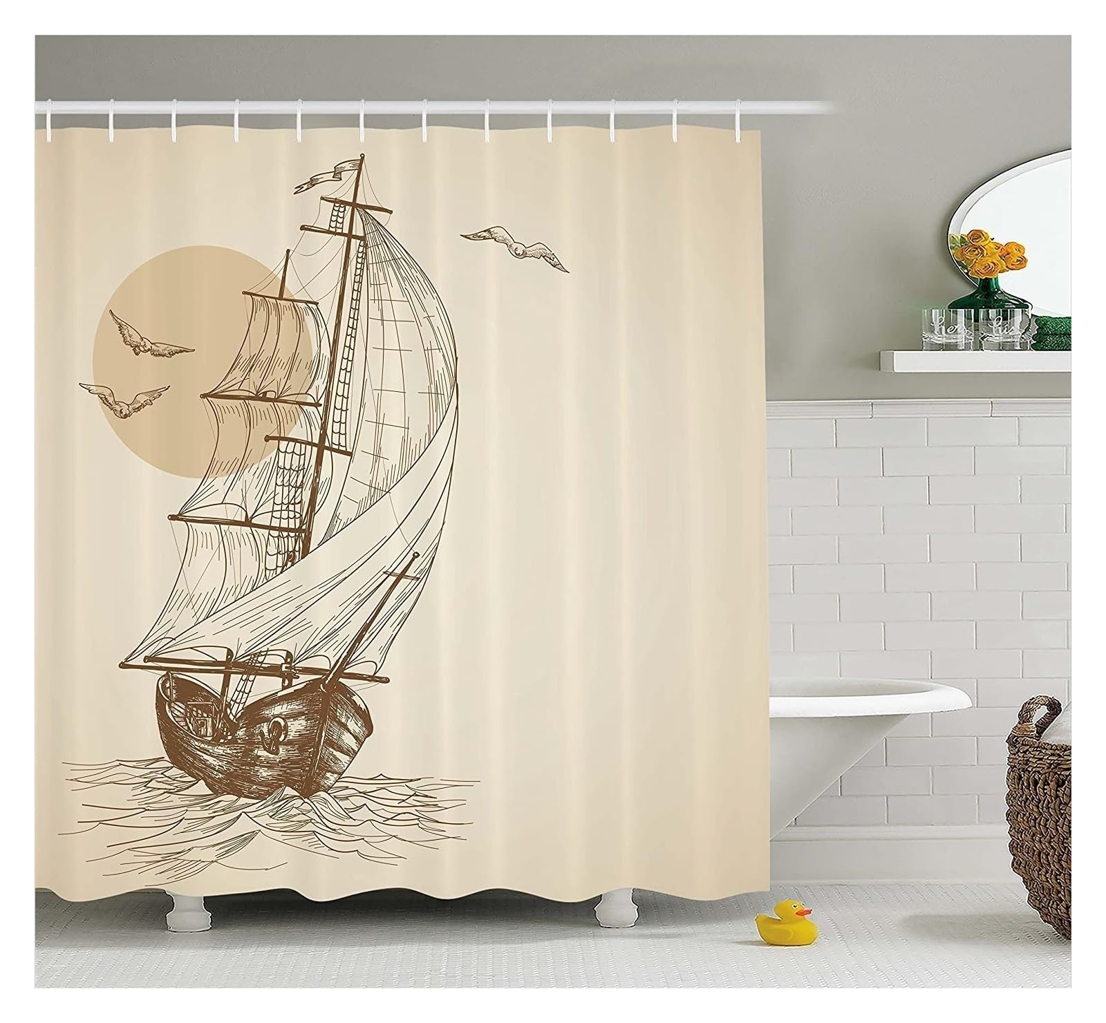 Rideau de douche pirate hublot marin en polyester 90x180 cm