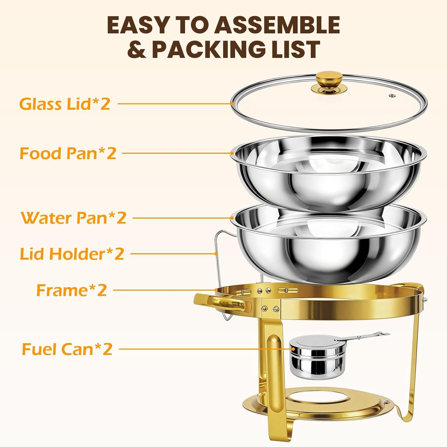 POWERFUEL Chafing Dishes for Buffet 6QT, 2 Pack Stainless Steel Full Size Chafing Dishes Set with Chafing Pans, 2 Gold Tongs, Glass Lid, Stand, Furel Cans, Food Warmer for Parties, Catering, Weddings
