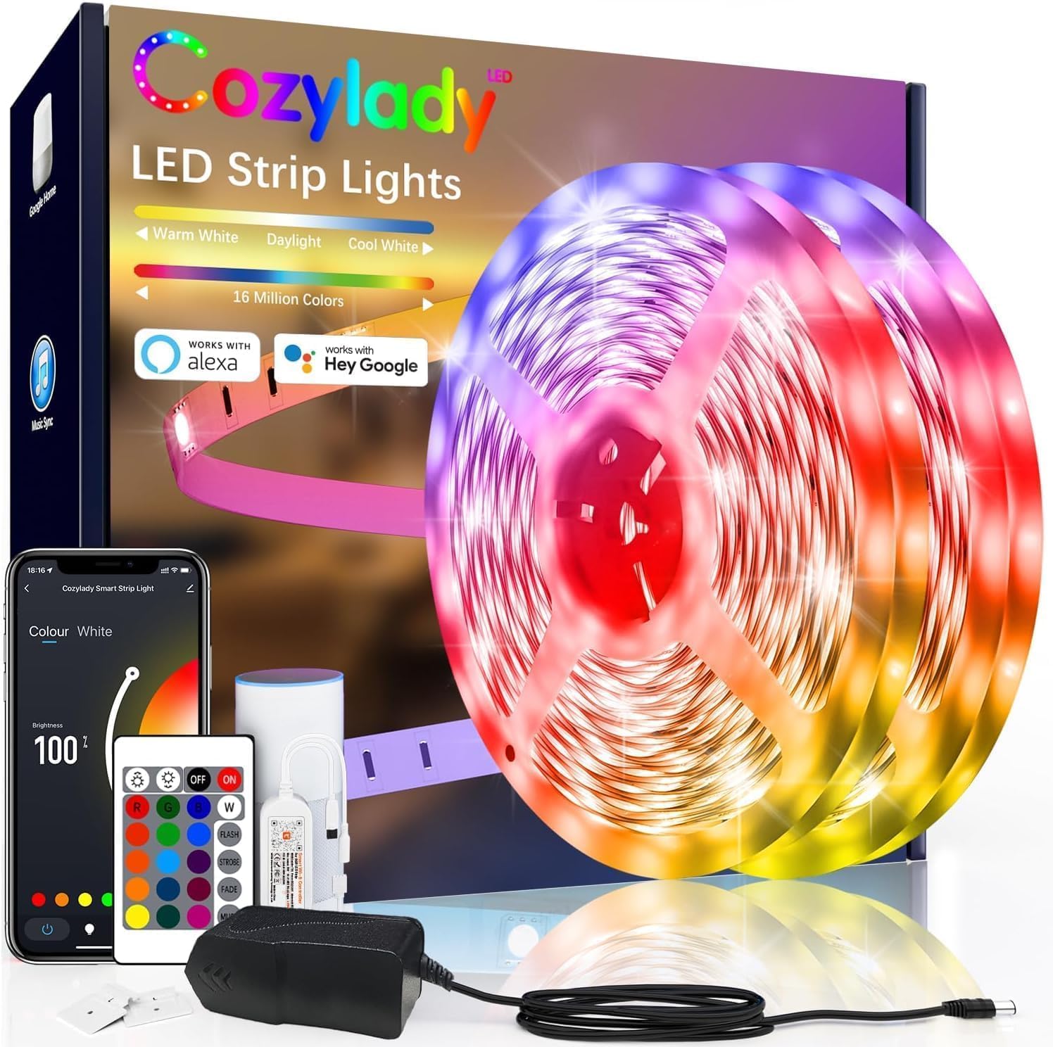 Cozylady 20M Wifi LED Strip Lights Smart LED Light Strips Compatible with Alexa, Google Home Controlled by APP - Music Sync LED Lights Strip for Bedroom Decor, Room Decor, Children's Room(QWER005)