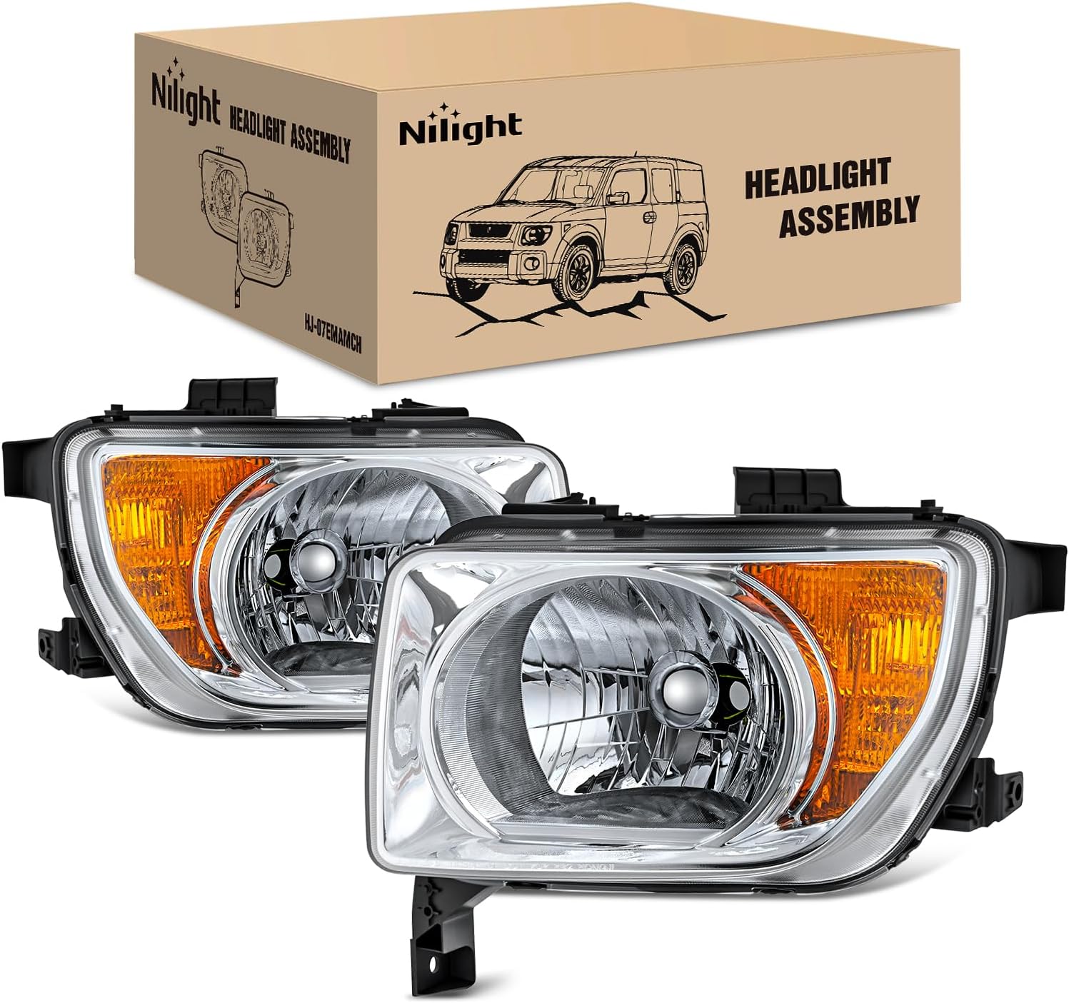 Nilight Headlight Assembly Compatible with 2003 2004 2005 2006 Honda Element OE Style Replacement Halogen Headlights Chrome Housing Amber Reflector Headlamp Passenger and Driver Side