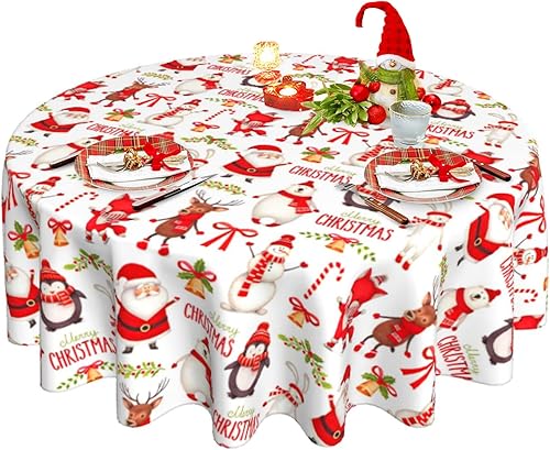Miniatura 8 de Mantel redondo de Navidad de 60 pulgadas, mantel floral rojo con copos de nieve para decoración de cocina de granja, mantel de tela de poliéster