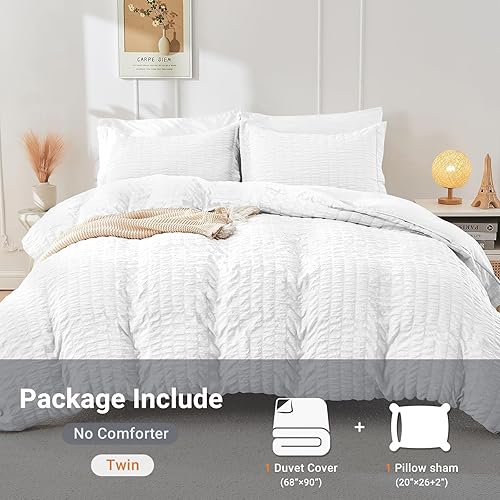 Miniatura 5 de HYMOKEGE Funda de edredón blanca tamaño individual, juego de funda de edredón de sirsaca ultra suave de 2 piezas con cierre de cremallera, juego de