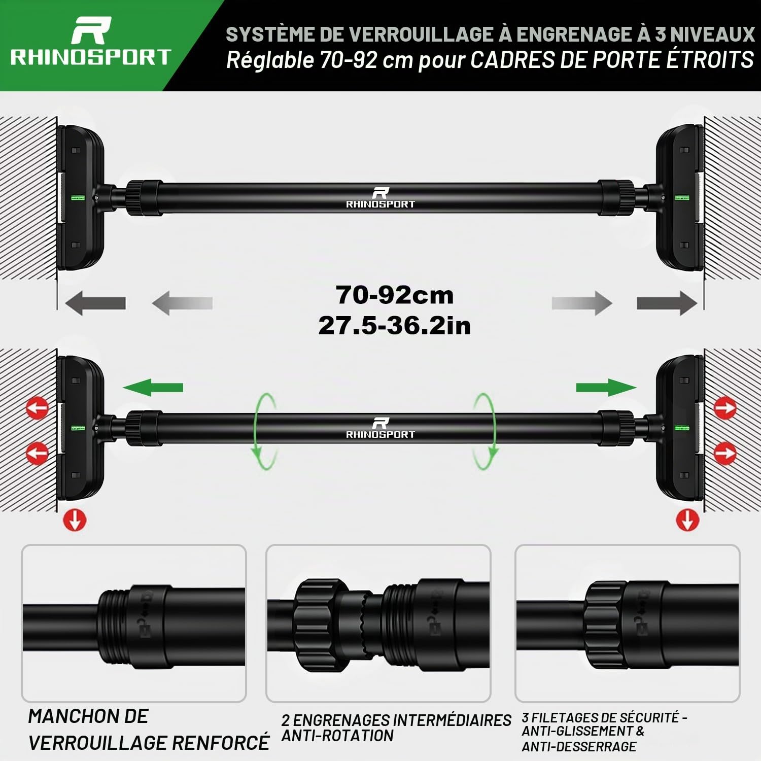 RHINOSPORT Barre de traction pour cadre de porte sans vis avec serrure à engrenage rotatif, barre de traction réglable de 69 à 92 cm, charge maximale de 200 kg