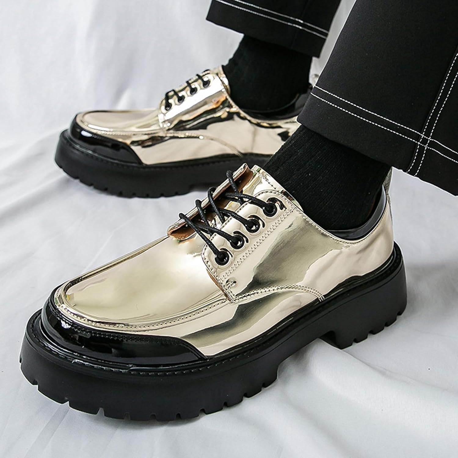 Men's Fashion Color Blocking Lace Up Platform Oxfords Luxury Round Toe Lug Sole Business Office Dress Shoes Daily Breathable Non Slip Low Top Casuals