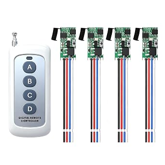 DC 12V Mini Wireless Switch 4 Way 1 Channel Wireless Remote Control Switchs DC 5V/12V/24V/3A Remote Lamp Switchs for Lamps, Fans, Electric Bells for Lamps, Fans, Electric 4 Way