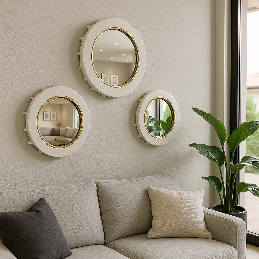 Round Wall Mirrors Modern Design Resin Glass Wood Casual Home Decor for Living Room Bedroom Office Use, Set of 3-18", 15", 12" White