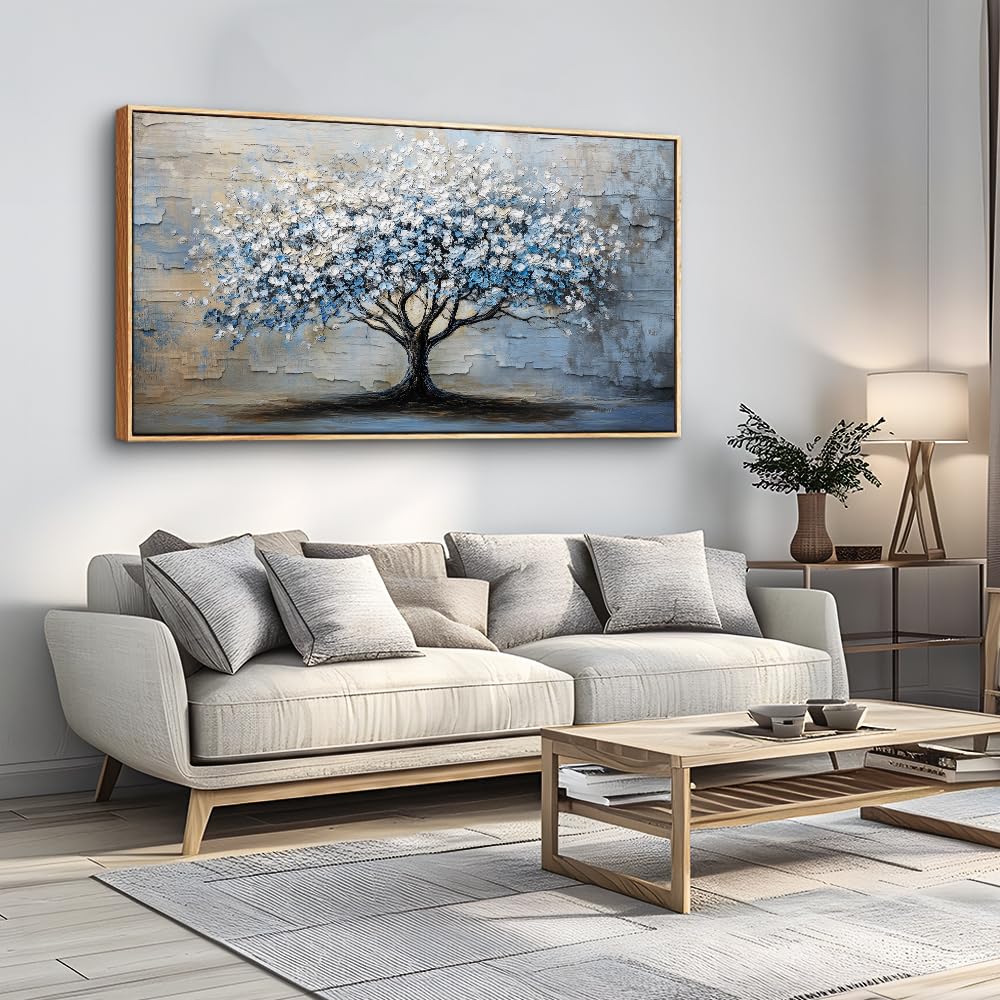 ERQINHUA Wall Art For Living Room Large Wall Decor Art For Office Abstract Wall Pictures Blue Grey Tree Wall Painting Wood Framed Canvas Artwork Bedroom Decoration Farmhouse Home Decor 24"X48"