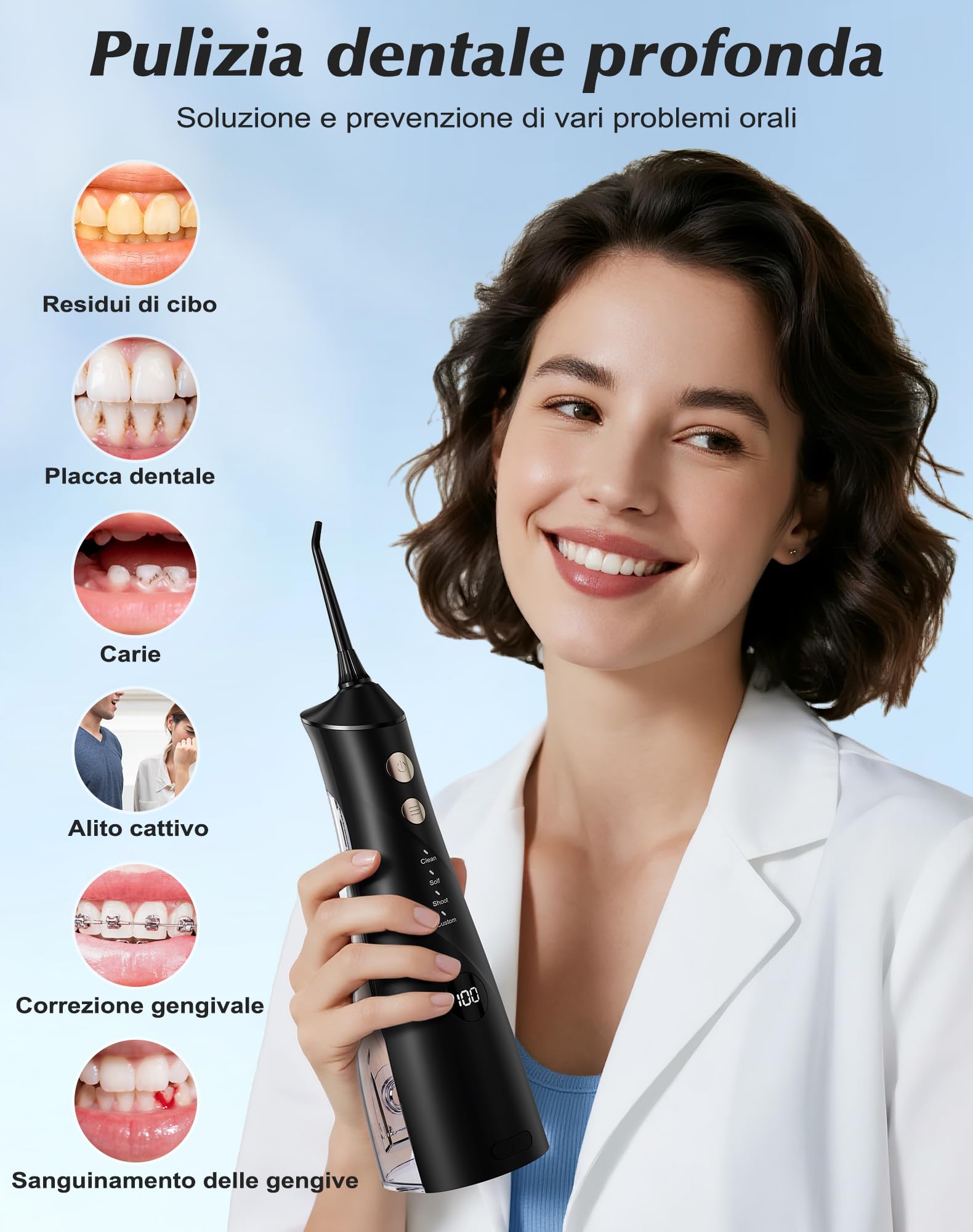 Idropulsore Dentale, Vincitore del Test 2025, 5 Ugelli Getto e 4 Modalità, Igiene Dentale e Pulizia Interdentale, Igiene Orale, Serbatoio Grande, Impermeabile IPX7, per Casa e Viaggio