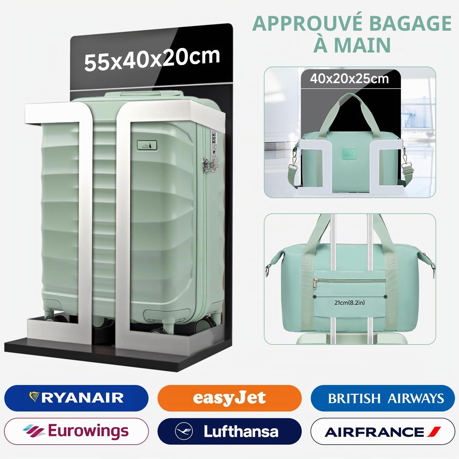 Sea choice Valise Rigide Cabine 55x40x20cm 3 Pièces Valises Légère ABS Durable avec Serrure TSA et Roues à 360° Trolley Voyage avec Trousse de Toilette et Sacs de Voyage