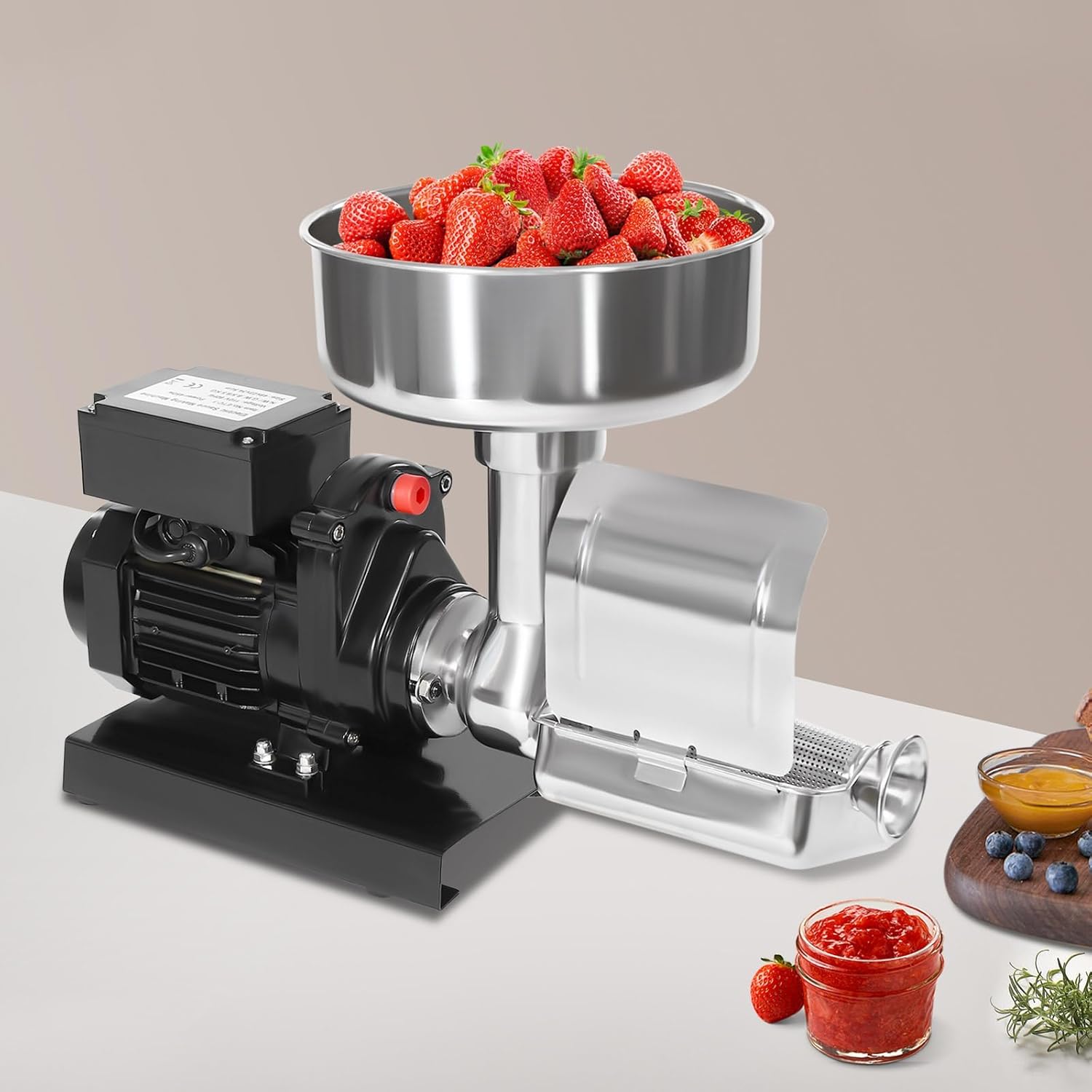 450W Electric Strainer, Stainless Steel Mill Machine with Funnel and Trough, 198.42-352.74lbs/H Tomato Press and Sauce Maker Food Mill for Sauce Silver+Black 110V