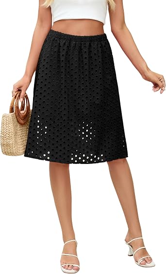 Ailoqing 2026 Summer Casual Midi Skirt for Women Cotton Eyelet Skirt with Underneath Beachwear Skirt