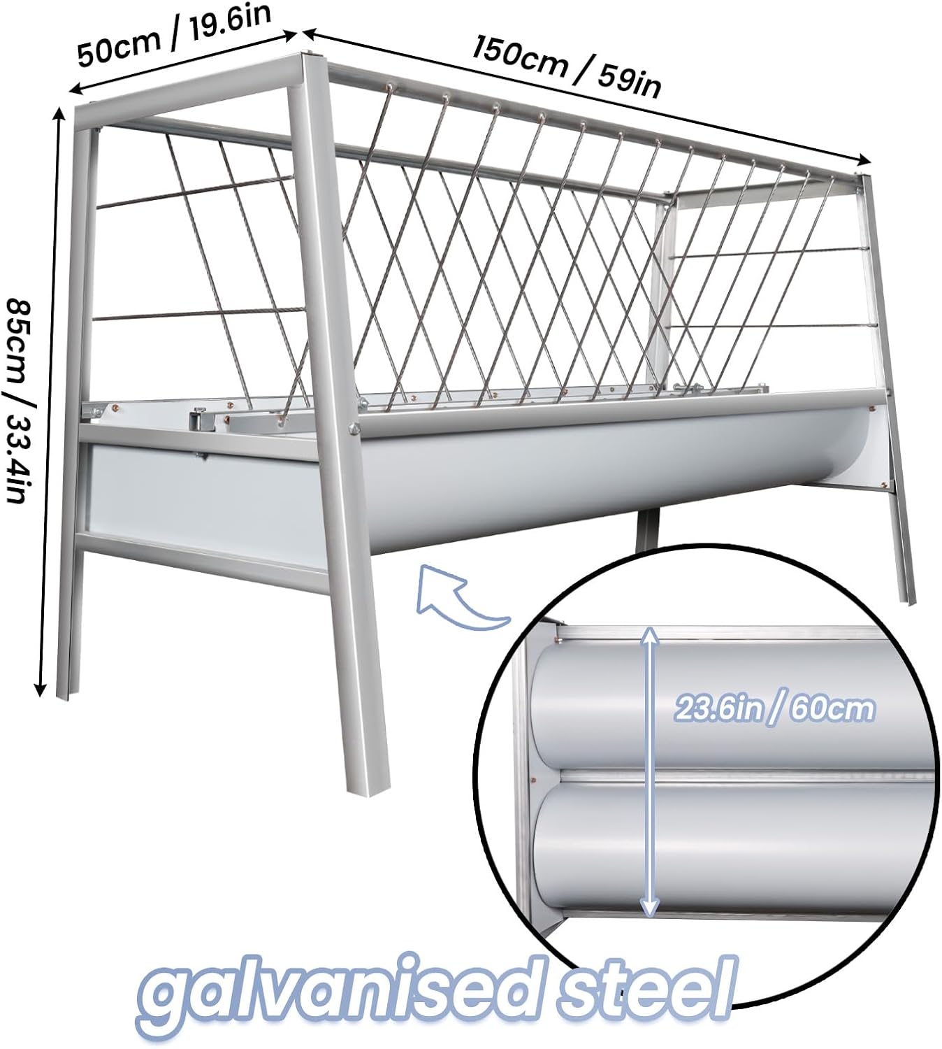 90-Gallon Heavy Duty 2-in-1 Goat Hay Feeder - Multi-Functional Galvanized Steel Hay & Grain Trough for Pastures, Barns & Farm Use