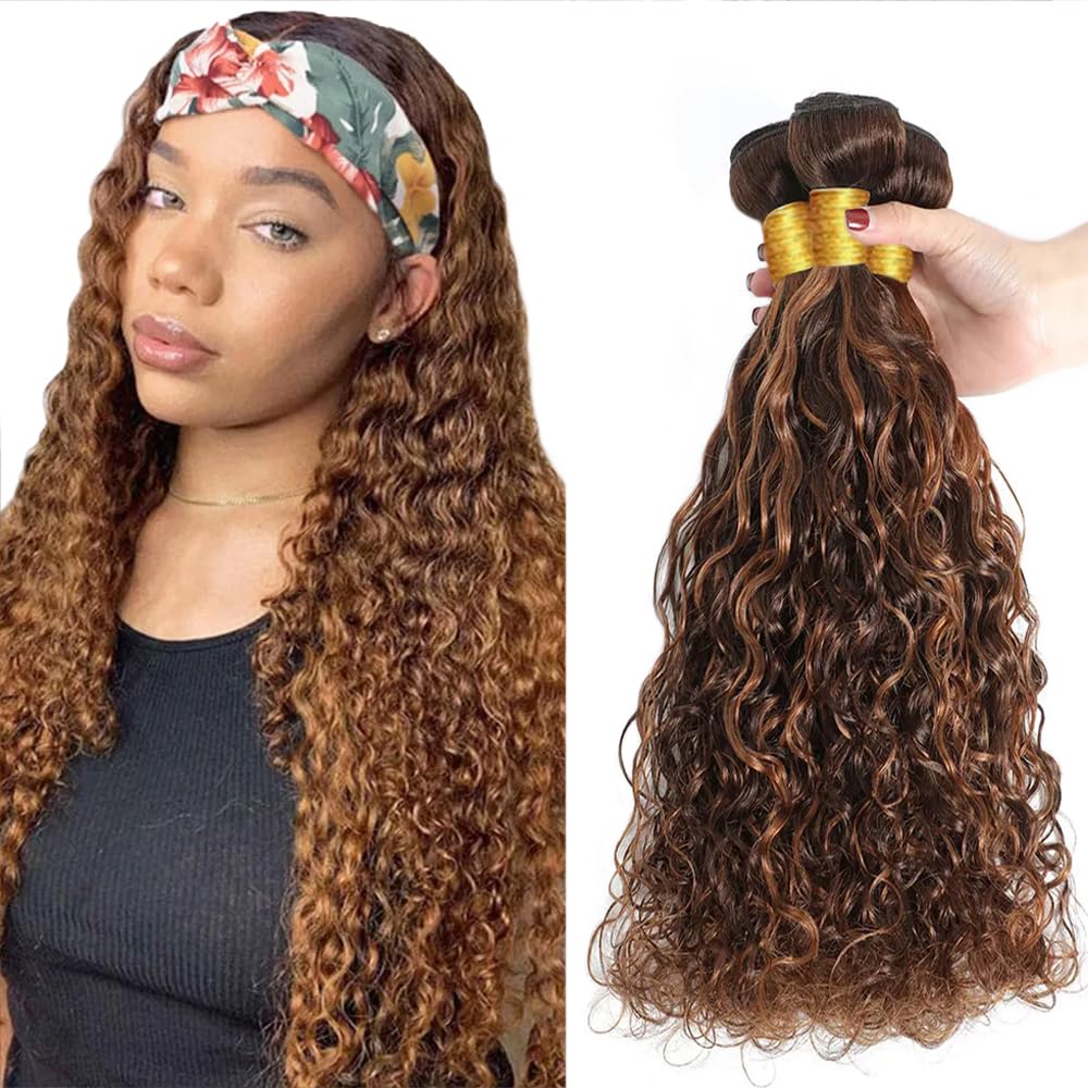 P430 Highlight Brown Bundles Human Hair Water Wave Bundles 34 34 34 Inch Unprocessed Brazilian Virgin Remy Hiair Chocolate Brown Water Wave 3 Bundle Human Hair Extensions