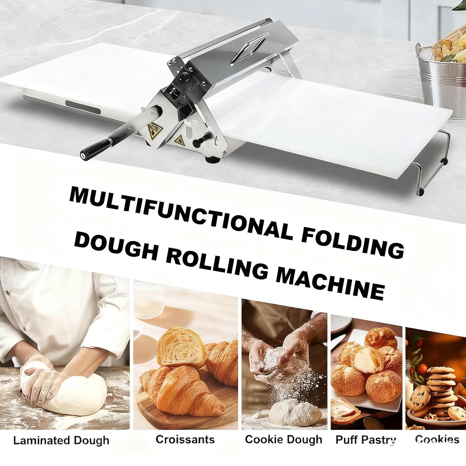 Laminadora de Masa Manual Compacta, laminadora de Masa de Acero Inoxidable, laminadora Manual de Tablero, Grosor Ajustable, laminadora Plegable para Panaderías y Pastelería A