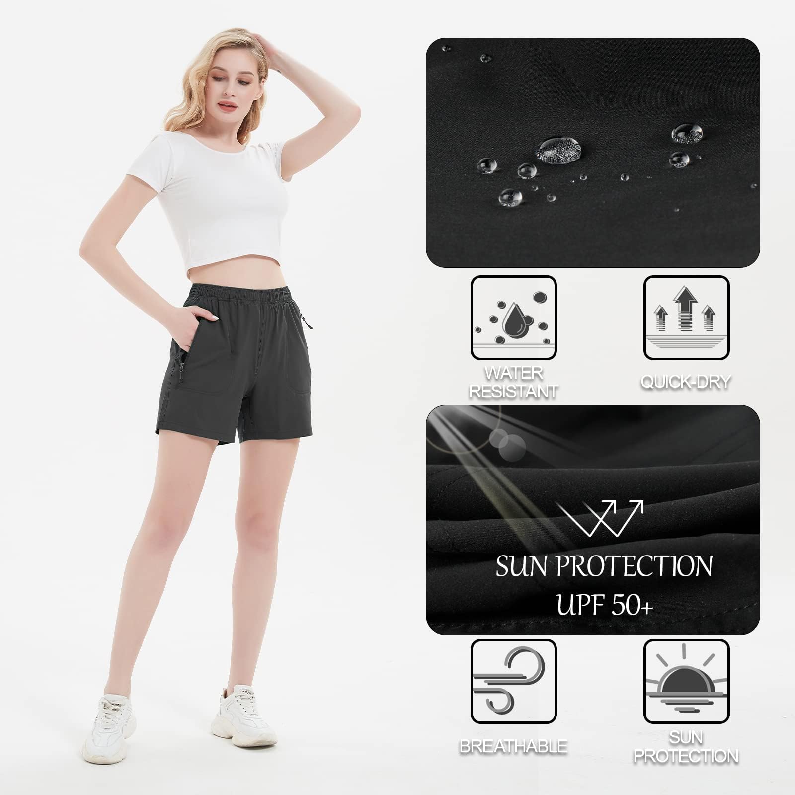 Pantalones Cortos de Senderismo para Mujer, de Secado rápido, Ligeros, atléticos, para Golf, Casuales, de 7 Pulgadas, con Bolsillos con Cremallera