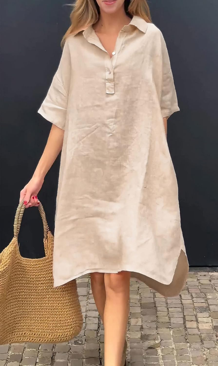 Women's Summer Button Up Polo Shirt Dress Short Sleeve Cotton Linen Beach Tunic Midi Long Dress with Pockets - Image 3