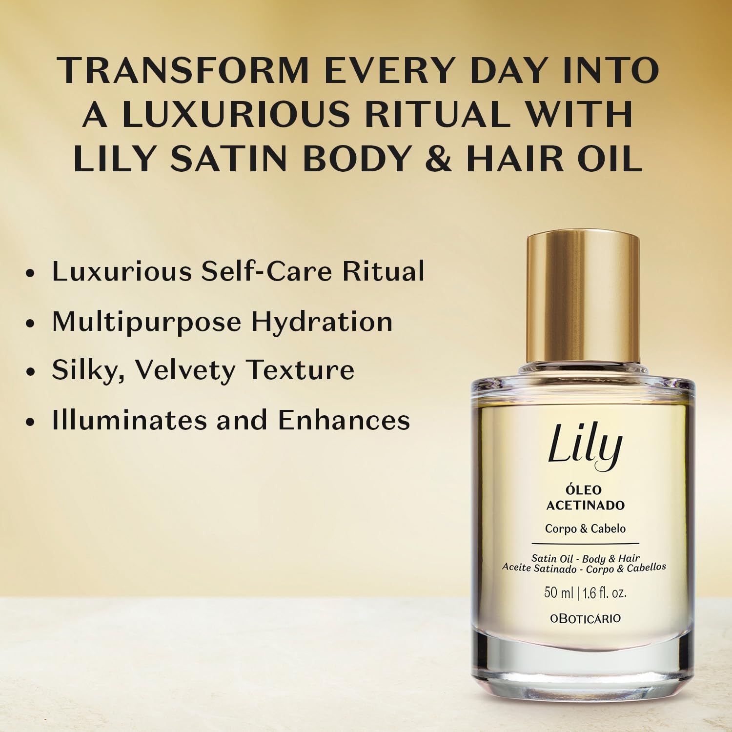 O Boticário Lily Satin Oil for Body & Hair (Oleo Acetinadao), Multipurpose Conditioning Oil, 1.6 Ounce (50 ml)